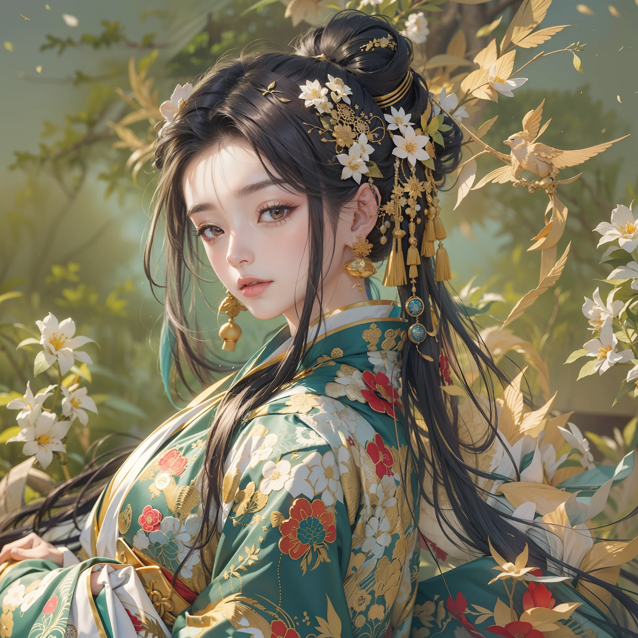 a moon、Detailed background((ancient city:1.2),细致背景)、Elegant backgrounds,Zen entanglement, mandalas, Tangled, Tangled,glossy dark hair,poneyTail,Lots of bouquets in hand, BREAK,elaborate costume{Luxury kimono(Colorful kimono(Detailed golden embroidery,))}、Japanese Idol(actress),Depict a beautiful and graceful woman of Japan。Heart in the eye。 Wallpapers 16K, .Blur the background with a sickle,((masutepiece)), ((Best Quality)),{{a portrait photo of}},full body Esbian