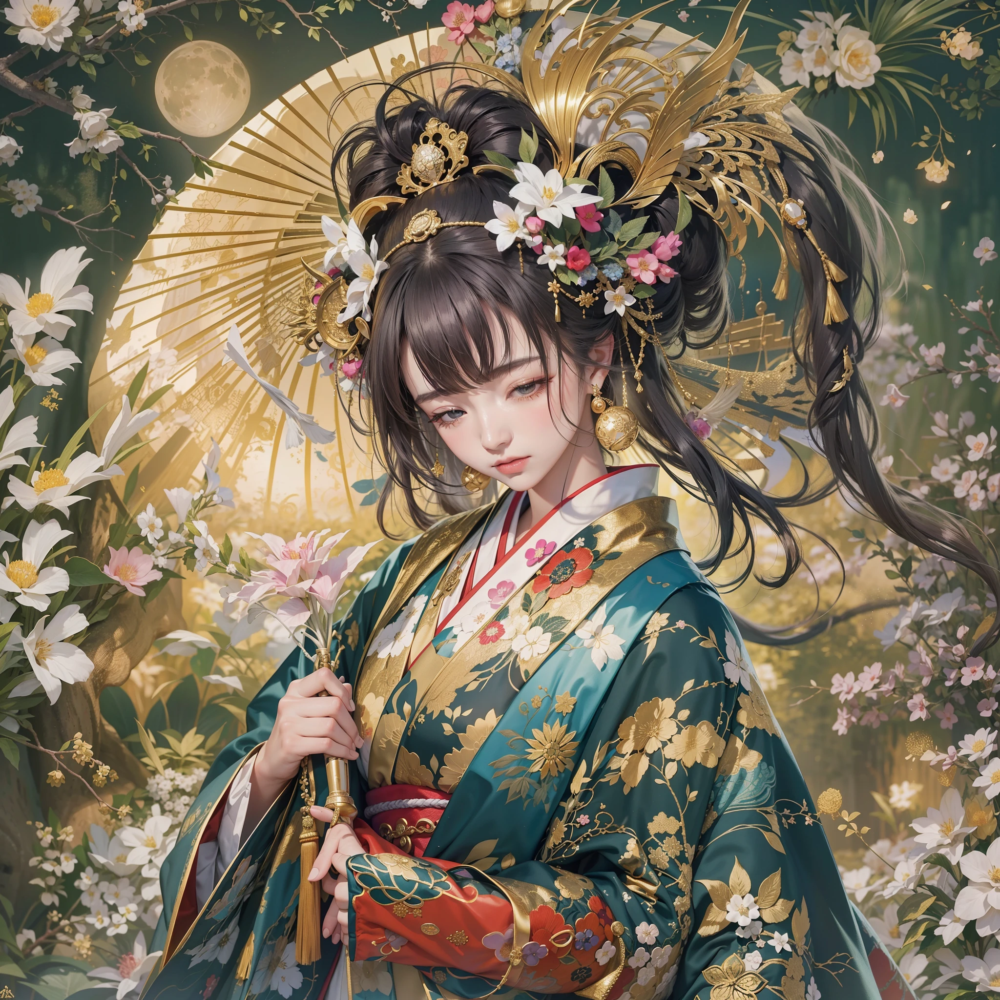 a moon、Detailed background((ancient city:1.2),细致背景)、Elegant backgrounds,Zen entanglement, mandalas, Tangled, Tangled,glossy dark hair,poneyTail,Lots of bouquets in hand, BREAK,elaborate costume{Luxury kimono(Colorful kimono(Detailed golden embroidery,))}、Japanese Idol(actress),Depict a beautiful and graceful woman of Japan。Heart in the eye。 Wallpapers 16K, .Blur the background with a sickle,((masutepiece)), ((Best Quality)),{{a portrait photo of}},full body Esbian