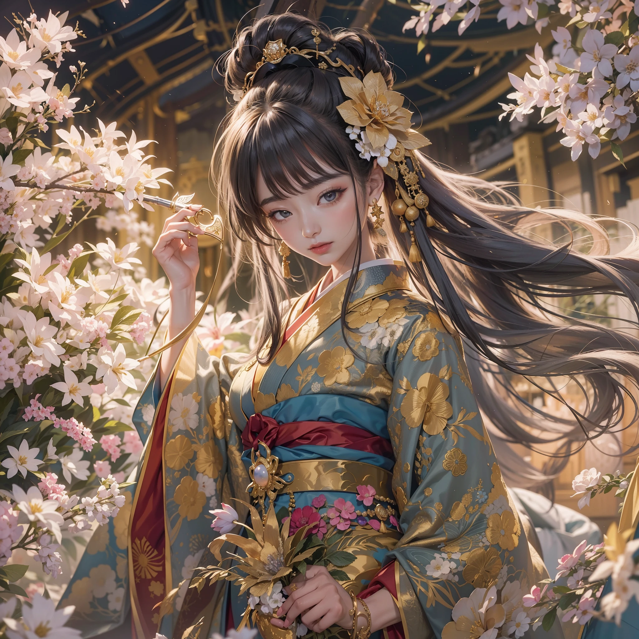 a moon、Detailed background((ancient city:1.2),细致背景)、Elegant backgrounds,Zen entanglement, mandalas, Tangled, Tangled,glossy dark hair,poneyTail,Lots of bouquets in hand, BREAK,elaborate costume{Luxury kimono(Colorful kimono(Detailed golden embroidery,))}、Japanese Idol(actress),Depict a beautiful and graceful woman of Japan。Heart in the eye。 Wallpapers 16K, .Blur the background with a sickle,((masutepiece)), ((Best Quality)),{{a portrait photo of}},full body Esbian