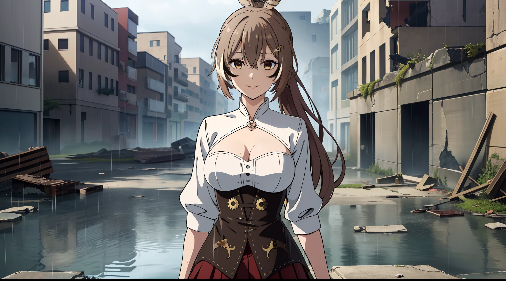 2D, HD, Detailed details, Detailed landscapes, beautiful lights, Beautiful Shadows, top-quality, Highly detailed, masterpiece, best quality, highres, aamumei, long hair, ponytail, ahoge, multicolored hair, feather hair ornament, hairclip, white shirt, brown corset, red skirt, mini breasts, closed mouth, smile, looking at viewer, highly detailed eyes, cleavage, arms behind back, highly detailed face, full body, anime styled, wet clothes, rain, ​​ruins, post apocalypse, debris, wreckage, very wide shot, dilapidated,  damaged