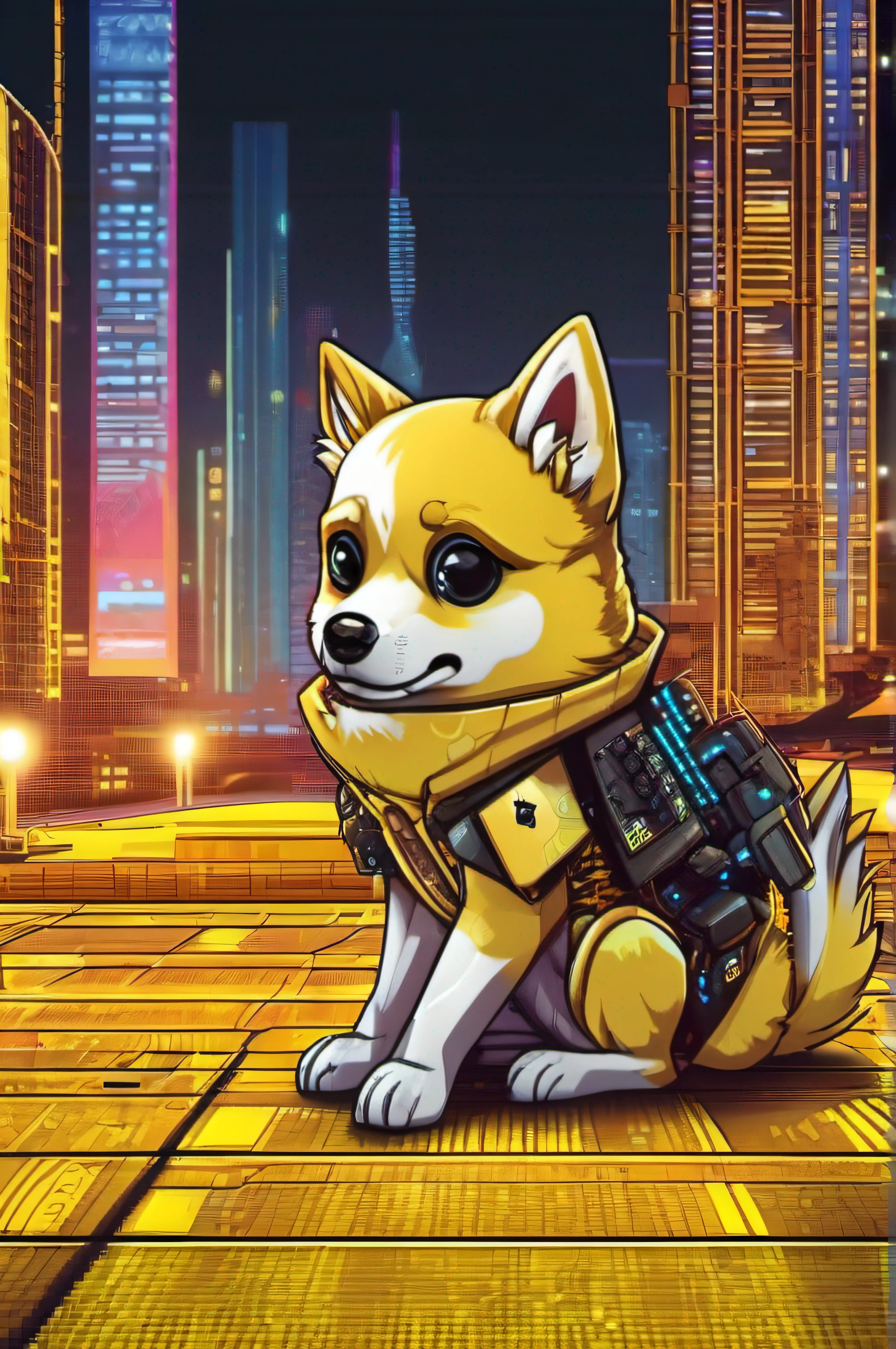 Yellow doge chibi with hyper-realistic cyberpunk style in cyberpunk aesthetic cyberpunk shading