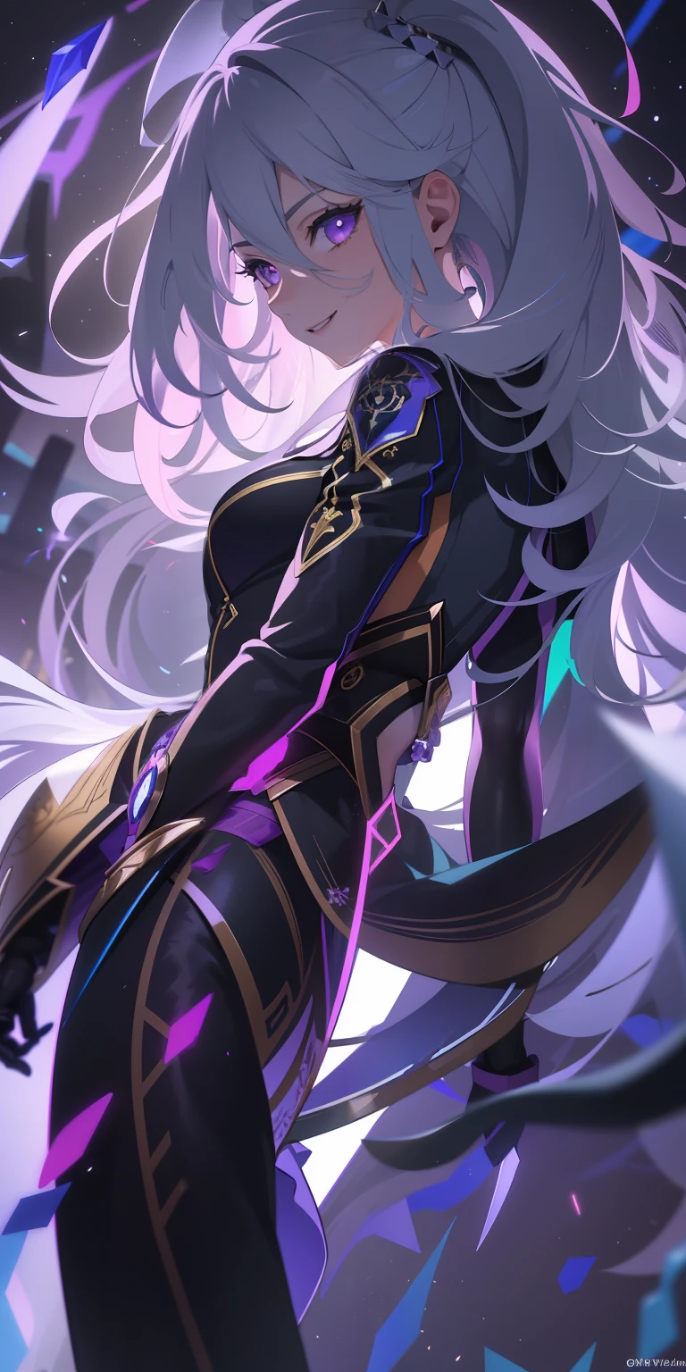 masterpiece, best quality, ultra-detailed, best shadow), (detailed background,dark fantasy), (beautiful detailed face), high contrast, (best illumination, an extremely delicate and beautiful), ((cinematic light)), colorful, hyper detail, dramatic light, intricate details, (1girl, solo,white hair, sharp face,purple eyes, hair between eyes,dynamic angle), swirling black light around the character, depth of field,black light particles,(broken glass), superhero , full body, holding magical sword, woman, happy, smile, look in front, tall, wearing boots, attractive, detailed clothing, woman, adult, sexy, wears crown, laughing, looking smart, adorable looking,