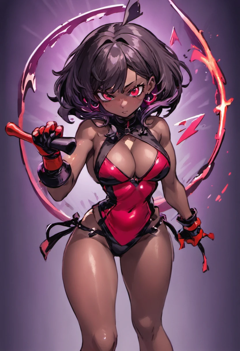 (best quality, (Darkskin woman, (form fitting high waist black and red minidress and red underwear):2, sneakers, garter belt, bracelet, fingerless gloves, carrying a bat):10 ,( amazing dark skin,Diamond And Glaring detailed green eyes, loose split-color
purple and black hair, soft circular face, convexed wide nose. strong, toned and stocky, round hips, medium breasts, heart-shaped rear. brawler, spy, shy, reserved, courageous, Ki power, )::10 afternoon, cascading sun, walking, Neo-Brooklyn,surrounded, mystical atmosphere of power, danger, and excitement ((((( unreal engine, blender )))), (((Rival schools, edayn, Alex "oh8" Ahad, perfect piece, perfect prose.)))(( full body, ultra-HD masterpiece, highest quality, highly detailed, fighting game Cg, splash art, low angle shot,Beautiful Deatailed Shadow,Incredibly Absurdres.))