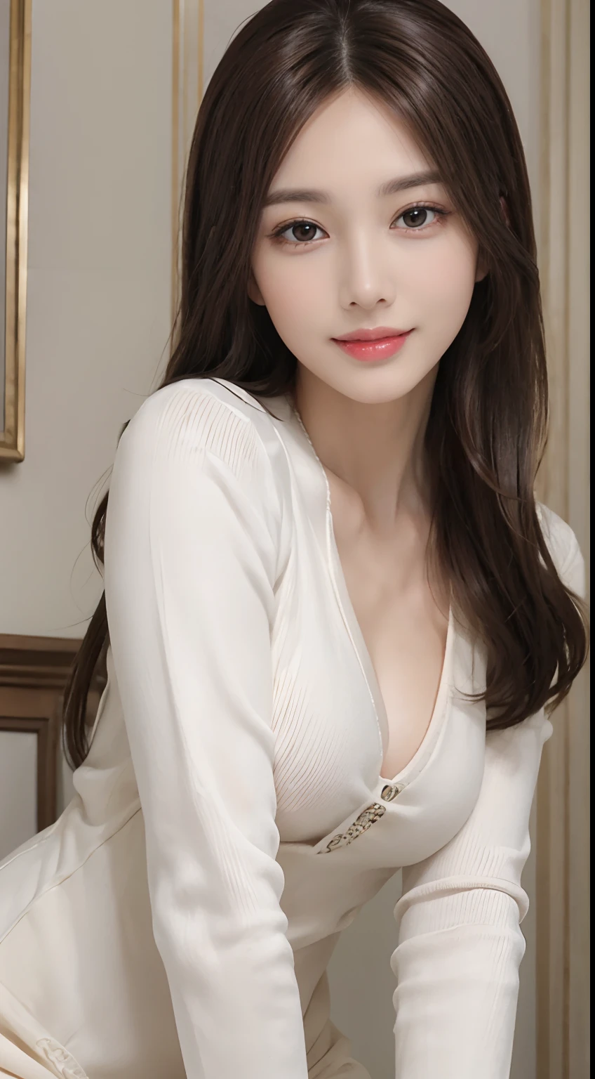 (((Brown longhair))), (Louvre Museum), Pose Seductive, (A hyper-realistic), (Illustration), (Increased resolution), (8KUHD), (Extremely detailed), (Best Illustration), (Beautiful and detailed eyes), (Best Quality), (ultra-detailliert), (masutepiece ), ( Wallpaper), (Detailed face), Solo, 1人の女性, Fine details, Detailed face, Deep Shadows, lowkey, pureerosfaceace_v1, Smiling, 46 point slanted bangs