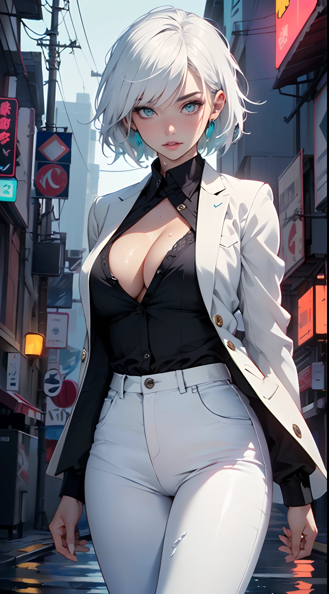 cute albino girl,(((1girl))),((albino girl with extremely cute and beautiful white hair)),
(small breasts:1.4),(((white hair:1.35,colored inner hair,ear breathing,small white hair,tomboy haircut))),((heterochromia:1.5, (aqua_eye and white_eye))),intricate eyes,beautiful detailed eyes,symmetrical eyes,((fat)),(((pale skin,lustrous skin:1.5,bright skin: 1.5,shiny skin,very shiny skin,shiny body,plastic glitter skin,exaggerated shiny skin,illuminated skin,wet legs))),(spider lower abdomen,narrow waist,wide hip,athletic body,inflated legs,detailed body,(detailed face)),
cute,slutty,seductive,erotic,(((nsfw))),
(((wearing white formal blazer,white pants,))),(((huge cleavage))),((wet clothes,intricate outfit,intricate clothes)),
(dynamic pose:1.0),solo focus,embarrassed,(centered,scale to fit dimensions,Rule of thirds),
cyberpunk city by the ocean at night, with bright neon signs and dark stormy clouds and puddles, scenery:1.25,
artistic photography,(photography taken by sldr),highres, sharp focus, (ultra detailed, extremely detailed), (photorealistic artwork:1.37),(extremely detailed CG unity 8k wallpaper),((synthwave background theme)),(((vibrant colors))),(intricate background),(masterpiece),(best quality)