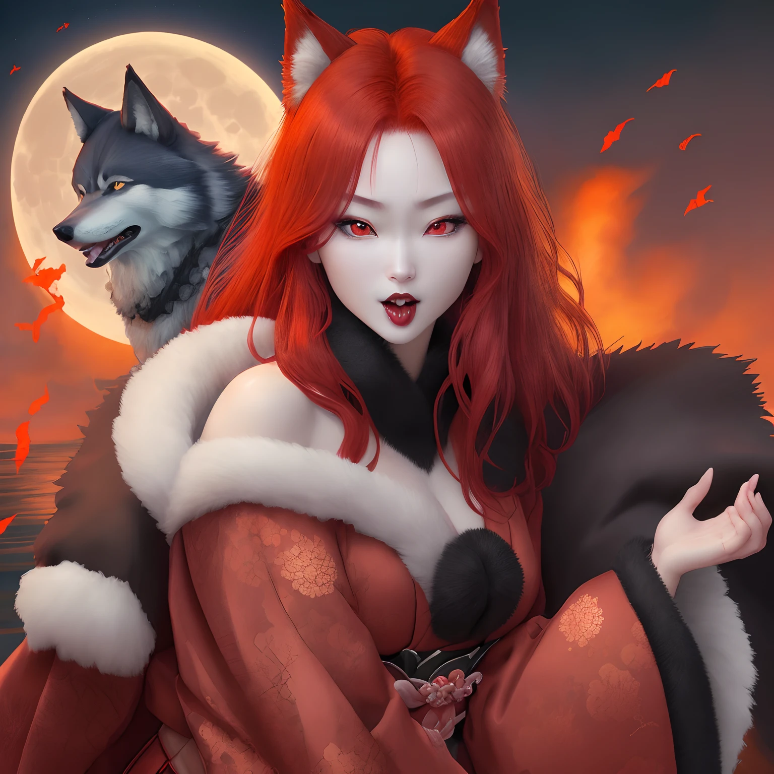 ​masterpiece、top-quality、16k、8k、4k、hight resolution、ultra-detailliert、Hirohiko Araki、Ocean wind、1 beautiful woman、The upper part of the body、japanes、big eye、Red eyes、Looking at this、Trying to bite、Thicker lips、red lipsticks、I have my mouth wide open、Slender eyes、Red-haired、Okappa、Fur clothing、Fur coat Halloween、wolf women、Sharp fangs、long tongue、fullmoon、burial site