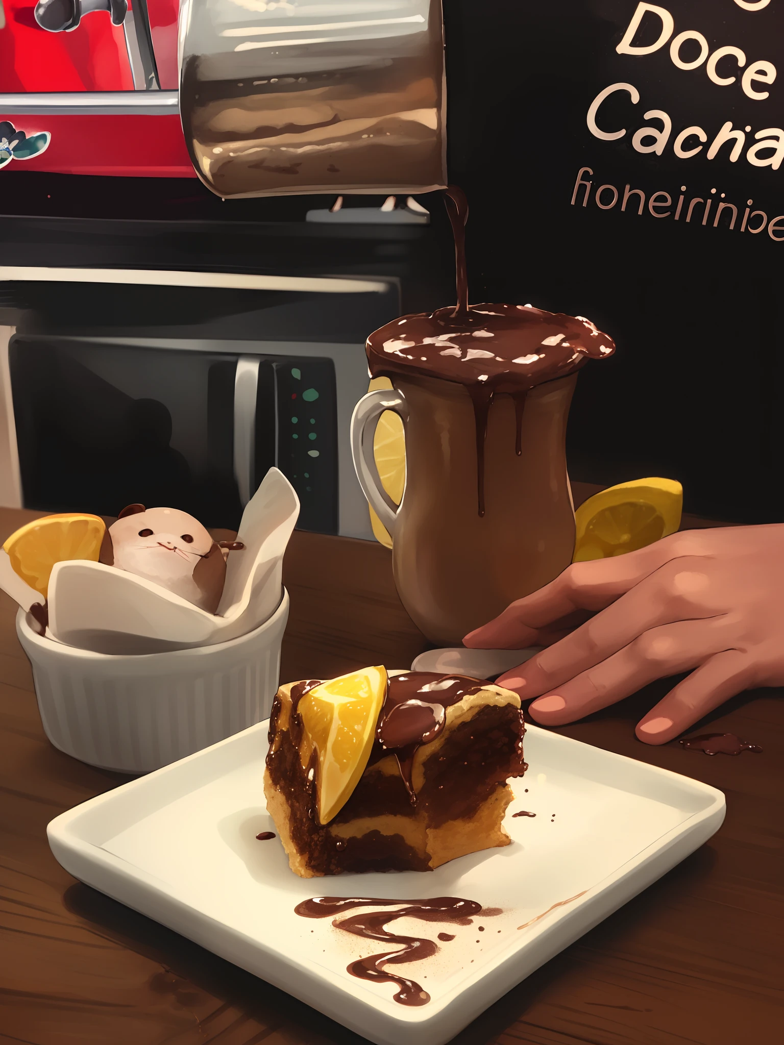 someone pouring chocolate sauce on a piece of cake on a plate, sufocado em chocolate derretido, sobremesa, Directed by: David Ruby, prestes a consumi-lo, Oh sim, Directed by: Maximilian Cercha, chocolate, cobertura de chocolate, cake in hand, 🐿🍸🍋, caramelo, with a cup of hot chocolate, Directed by: Robbie Trevino, caseoso