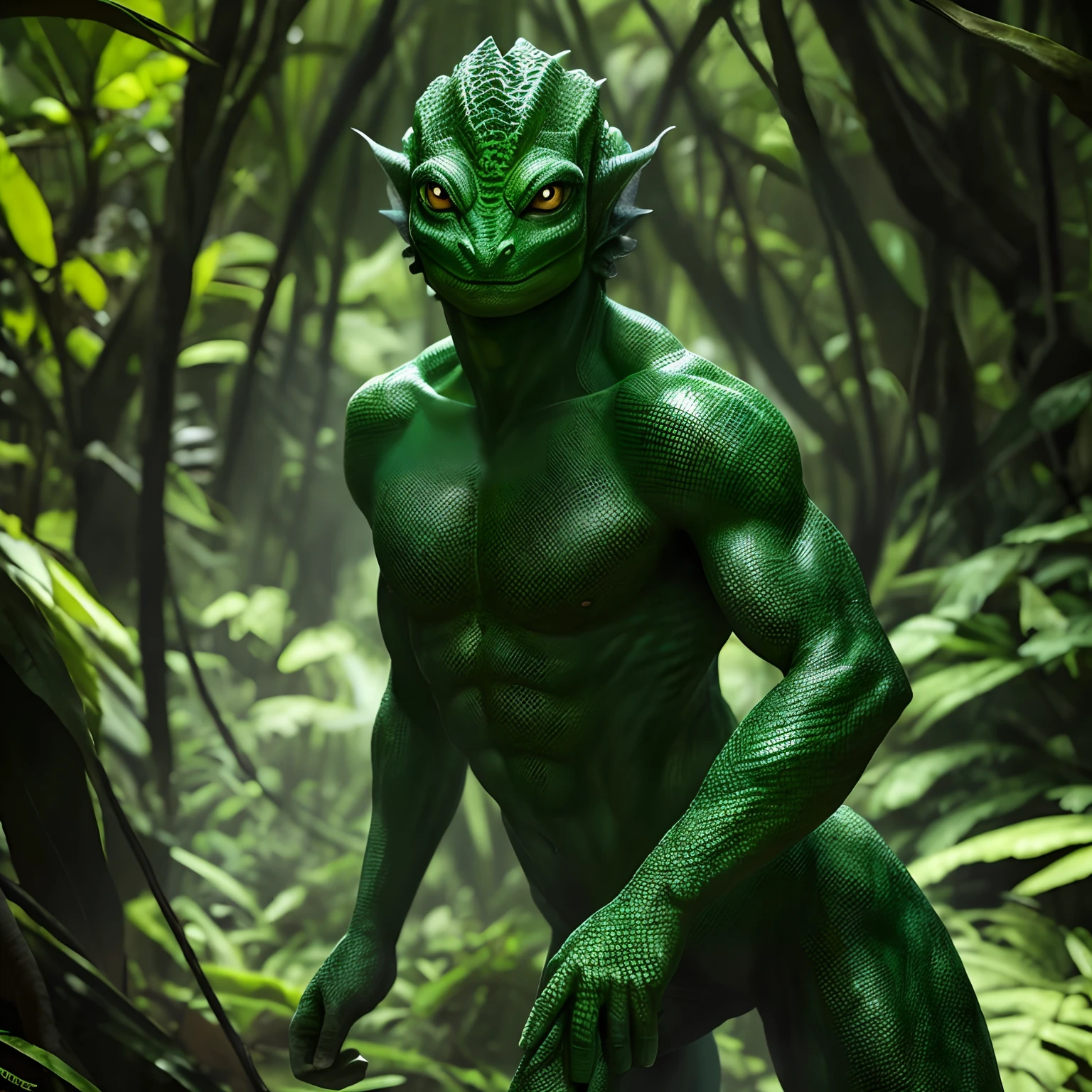An average photo of a human-lizard hybrid, menacingly, olhos de lagarto, pele verde, escamas no corpo, garras grandes, em uma floresta pantanosa, extremamente detalhado, 8k, ultra realista