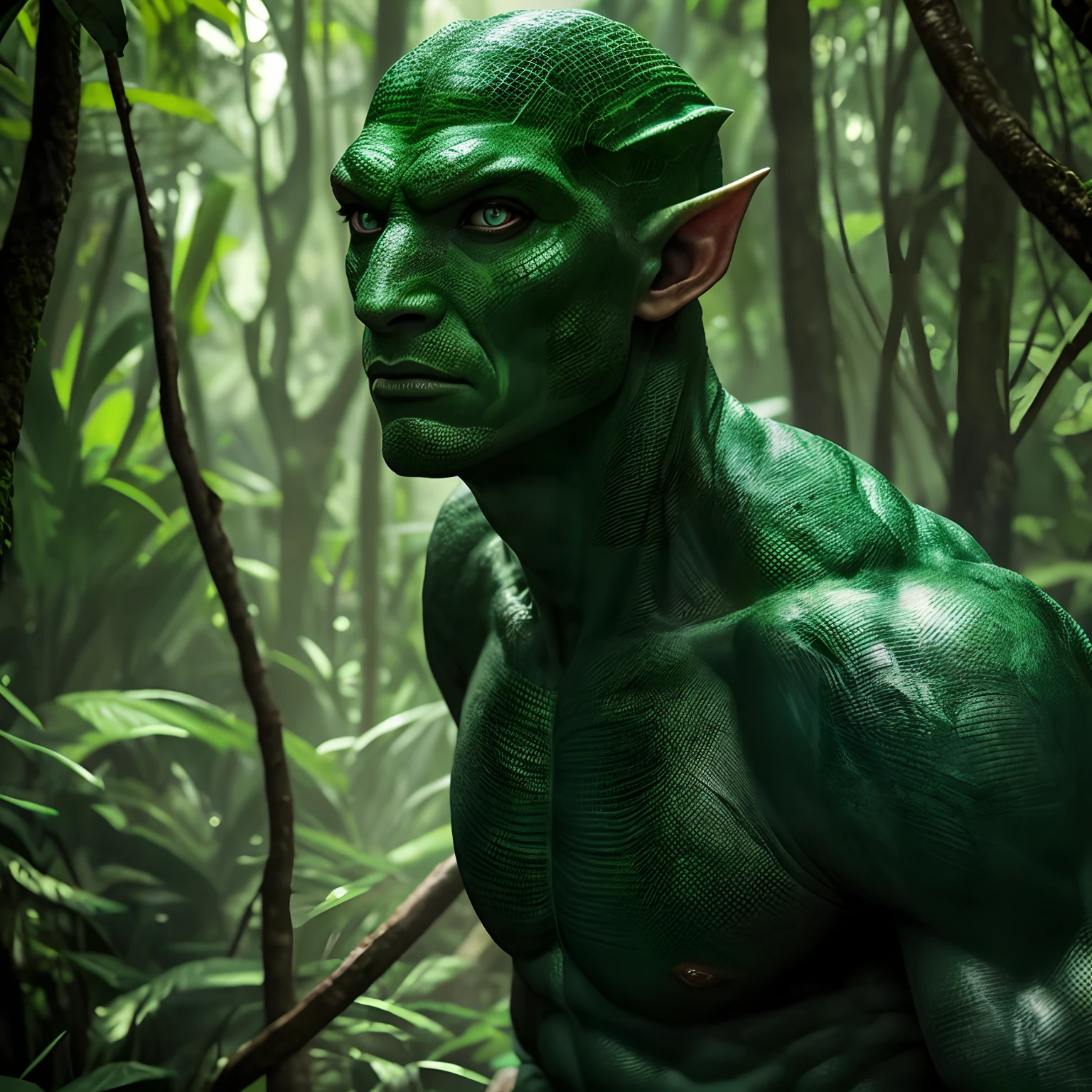 An average photo of a human-lizard hybrid, menacingly, olhos de lagarto, pele verde, escamas no corpo, garras grandes, em uma floresta pantanosa, extremamente detalhado, 8k, ultra realista