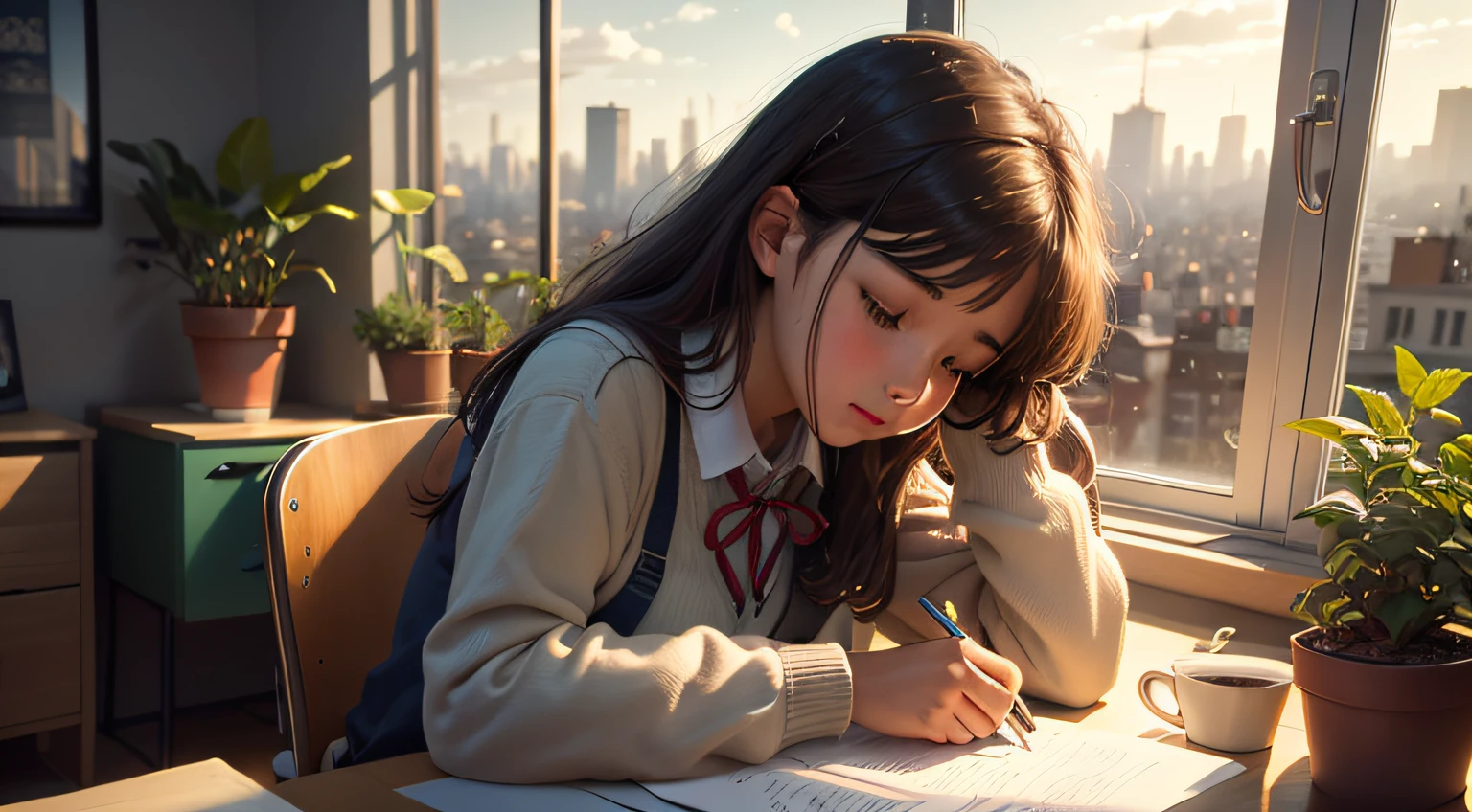 create a scene with a girl studying concentrated at a desk decorated with plants, a cup of coffee, in the background a window overlooking the city