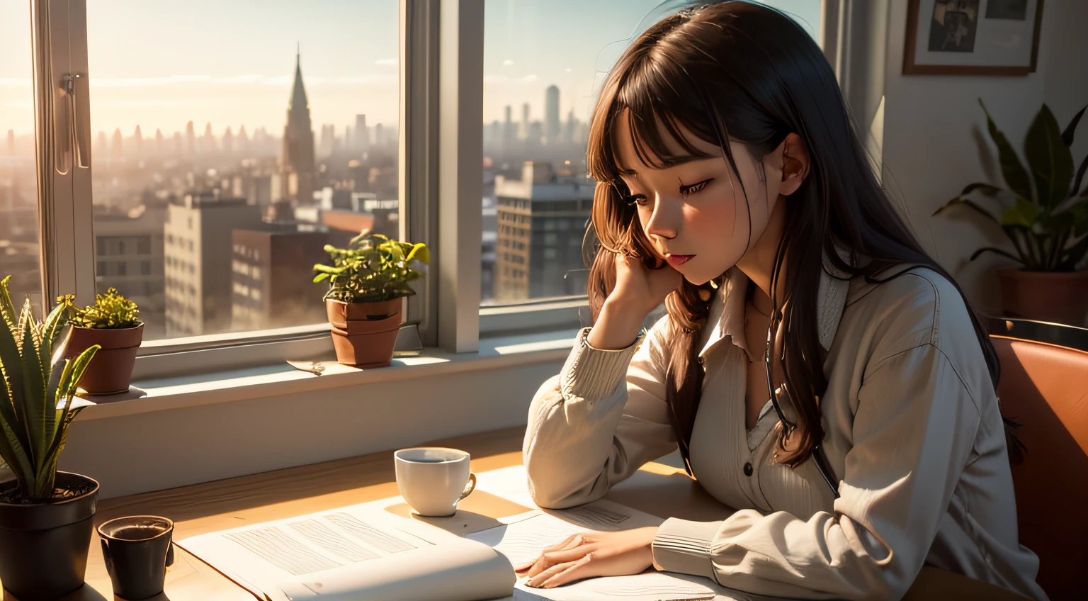 create a scene with a girl studying concentrated at a desk decorated with plants, a cup of coffee, in the background a window overlooking the city