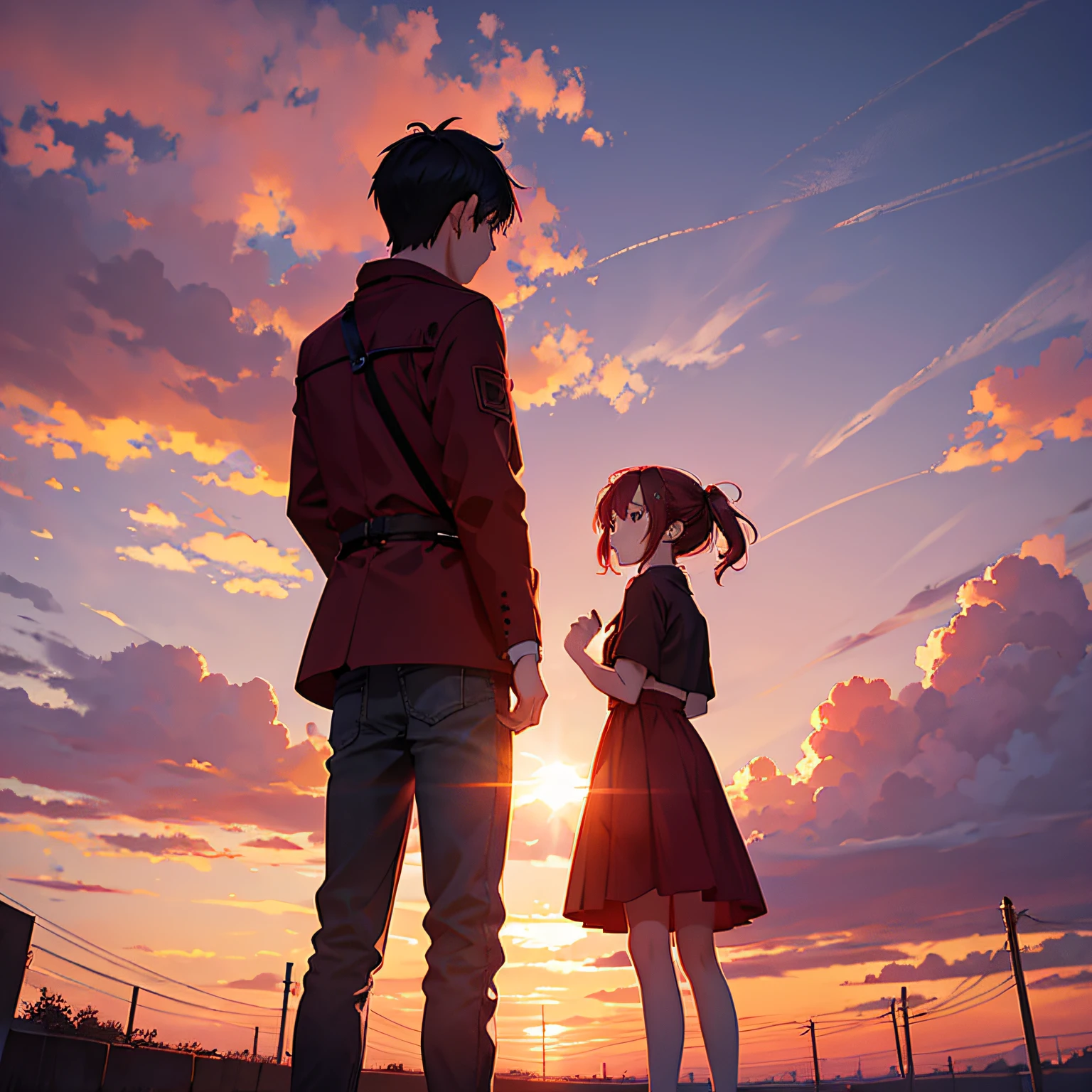 Gaze at the red sky at sunrise, 1boy and 1girl. rear view, long shot