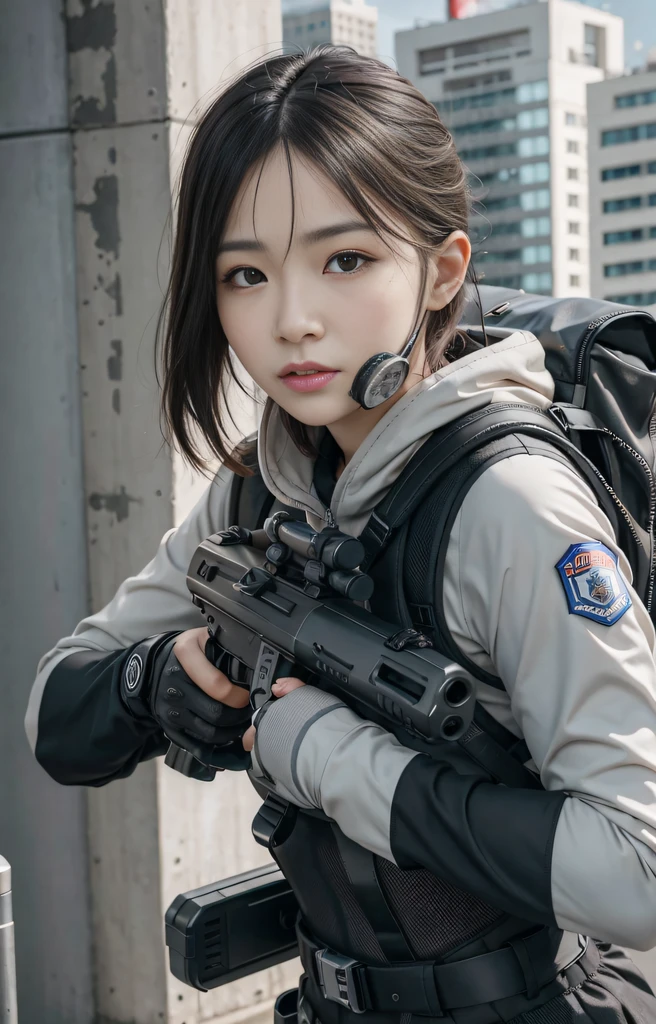 Highest image quality, outstanding details, ultra-high resolution, (realism: 1.4), ((close up:0.75, from front)), Photorealistic, highly condensed 1 lady, full body, aiming with an assault rifle, Combat pose, (Detailed face), looking to the camera, (cloths color black:0.4 white:0.5 other-color:0.1), (wearing rash-guard likes police uniform, gloves,black and gray mecha, wearing futuristic-gasmask, military harness, holding a machinegun, carrying hich-tech-backpack), background grey, Fingers are occluded