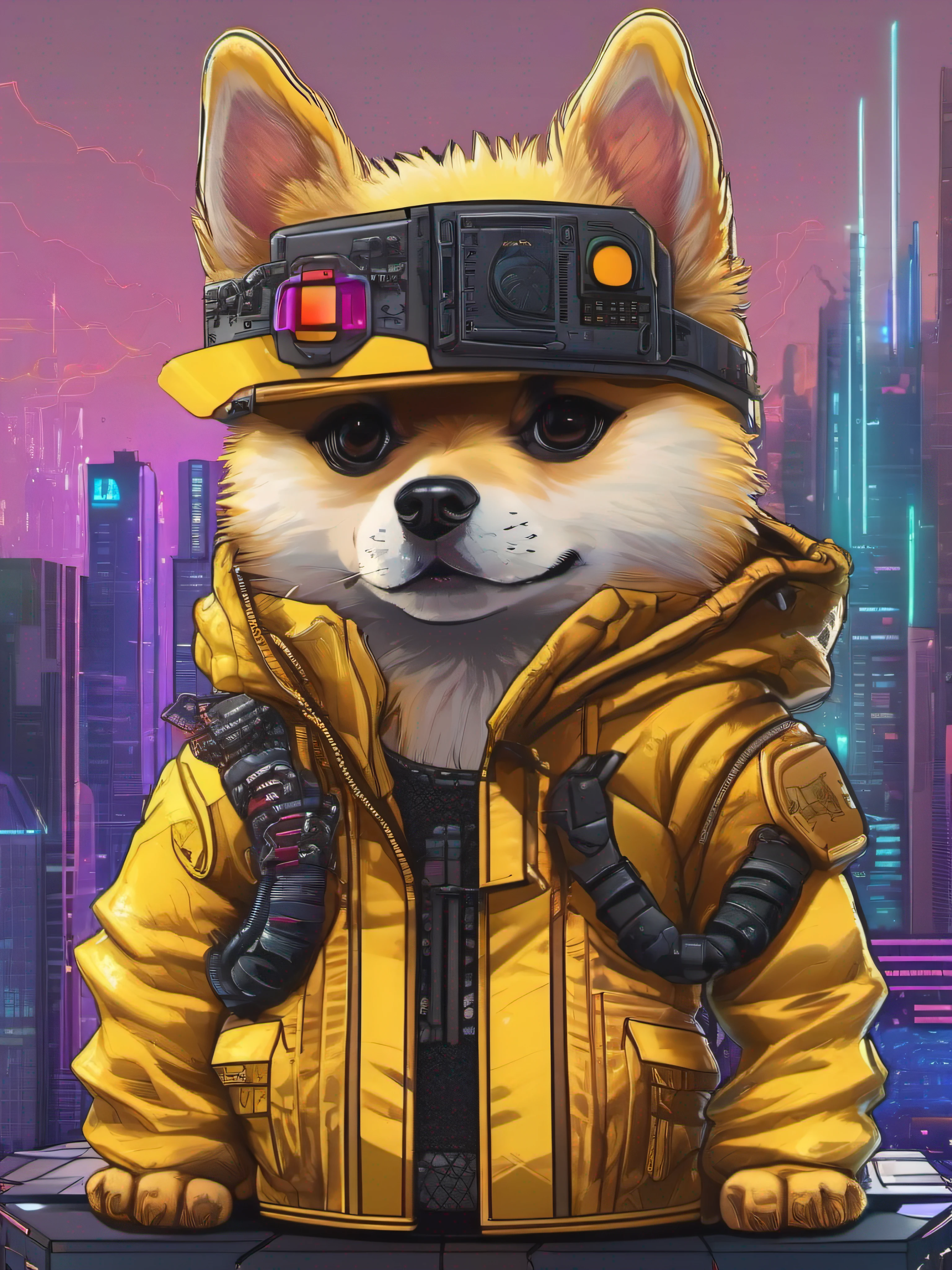 Yellow doge chibi with hyper-realistic cyberpunk style in cyberpunk aesthetic cyberpunk shading