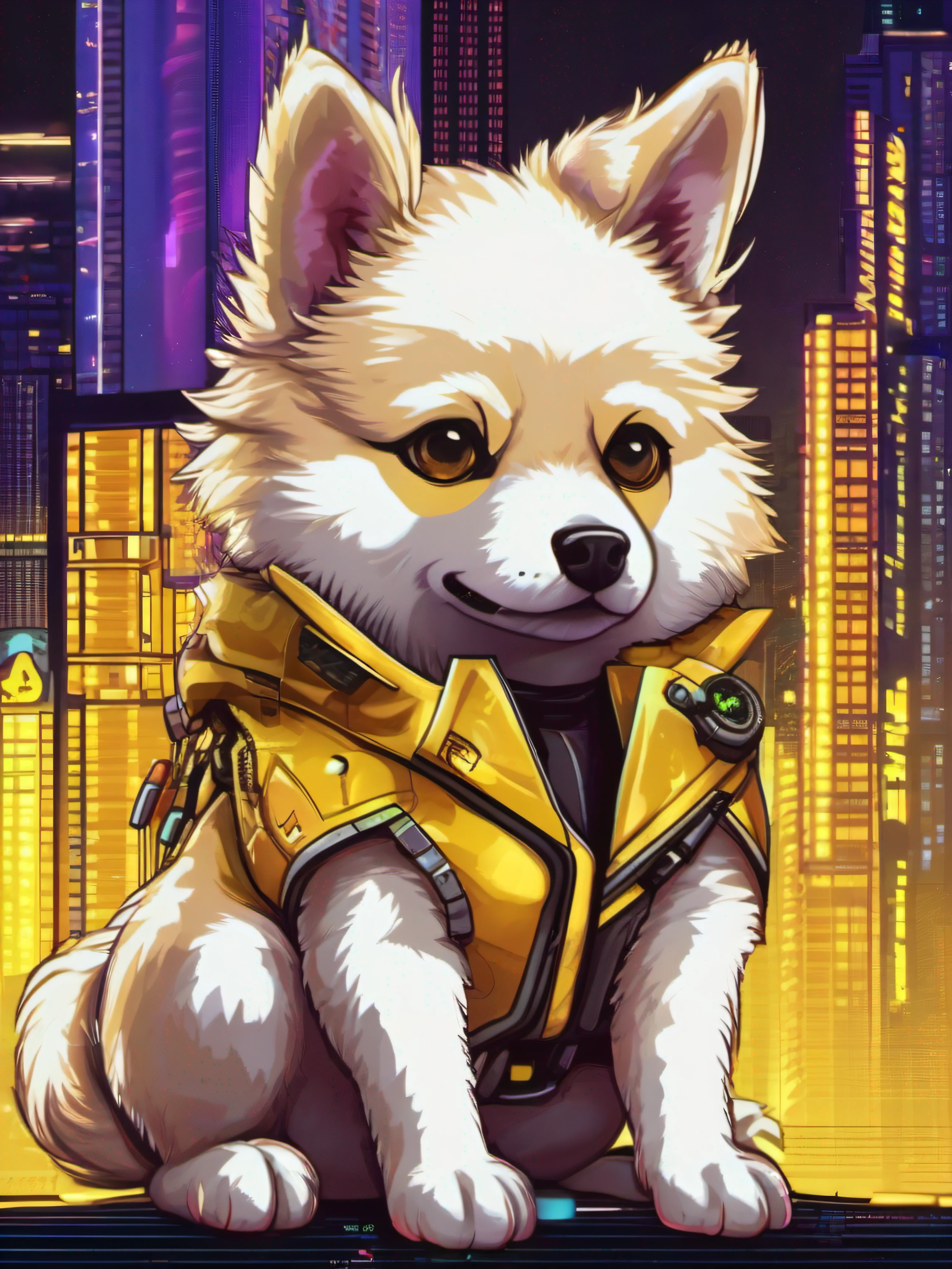 Yellow doge chibi with hyper-realistic cyberpunk style in cyberpunk aesthetic cyberpunk shading