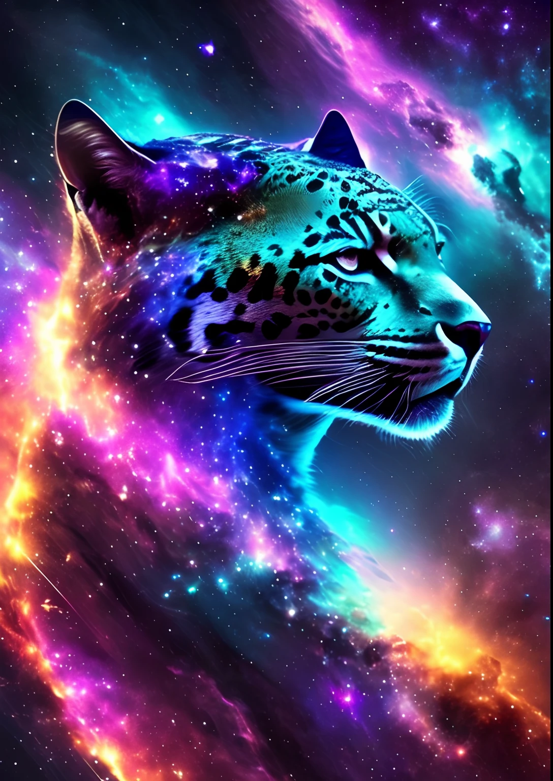 dreamlikeart, galaxy, outer space, nebula, star, [cyberpunked] Jaguar from the stars.. (star:1.5),