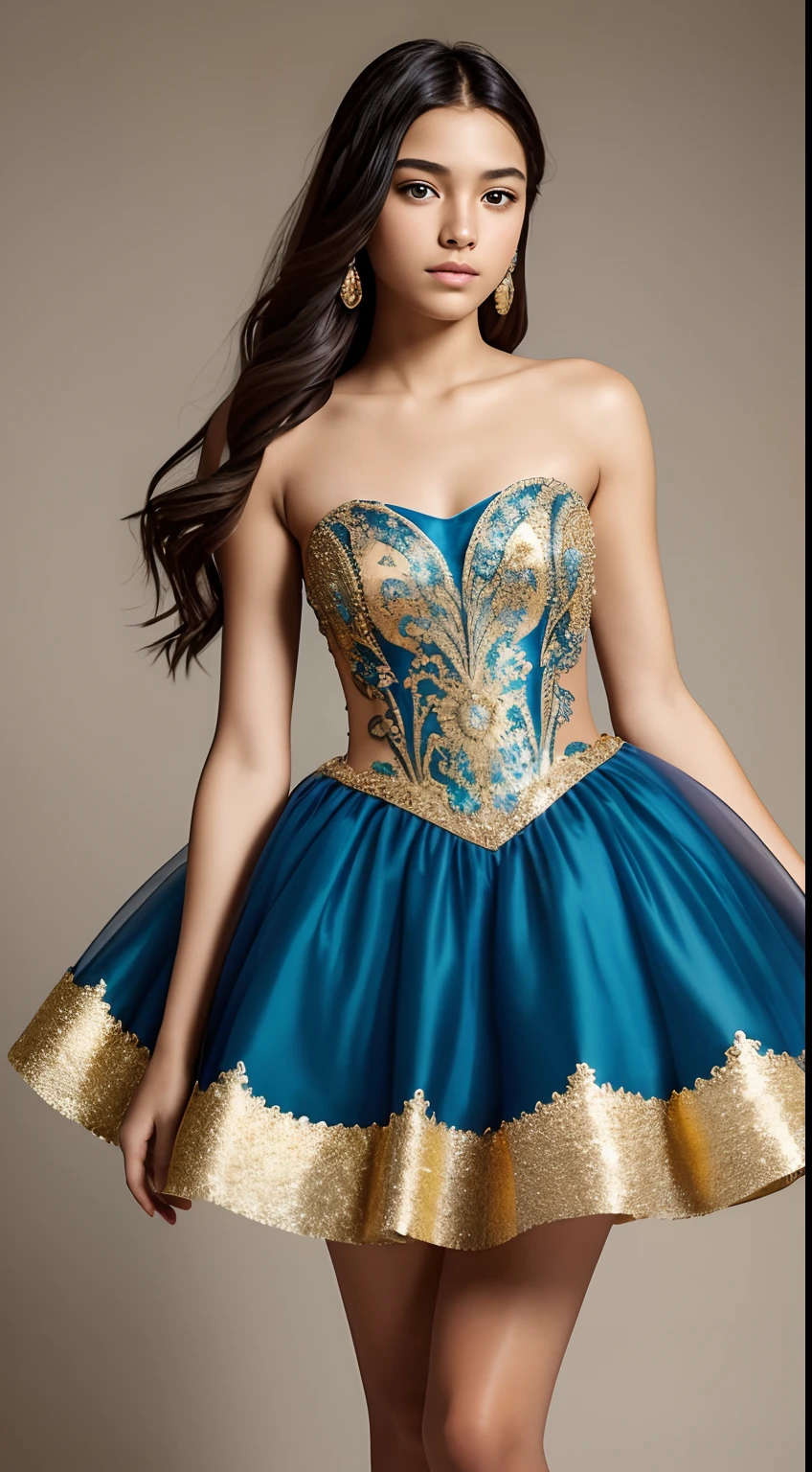 It generates an image of a 15-year-old girl, dressed in a dazzling blue quinceañera dress with gold sparkles. Her appearance is worthy of a Peter Lindbergh-style magazine cover, with a focus on elegance and fashion. She is standing, full-length, and her hair flows gracefully while her gaze conveys confidence and youth. The lighting highlights her features in a subtle but impactful way. The background is minimalist to highlight the beauty and sophistication of it. This image captures the essence of youth and elegance, like a work of art in the fashion industry.
