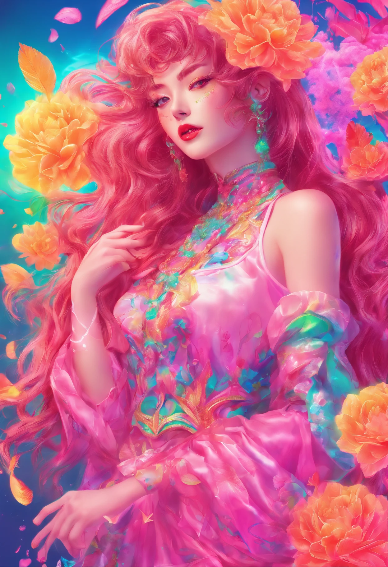 (highres:1.2, realistic:1.37), vibrant colors, surreal, ethereal, enchanting, (fantasy, whimsical:1.1), female, cherry blossom, hybrid, (detailed, intricate:1.1) floral patterns, magical, (flowing, long) hair, (delicate, graceful) pose, (luminous, glowing) skin, (exquisite, intricate) costume, (dreamlike, hazy) background, (soft, gentle) lighting