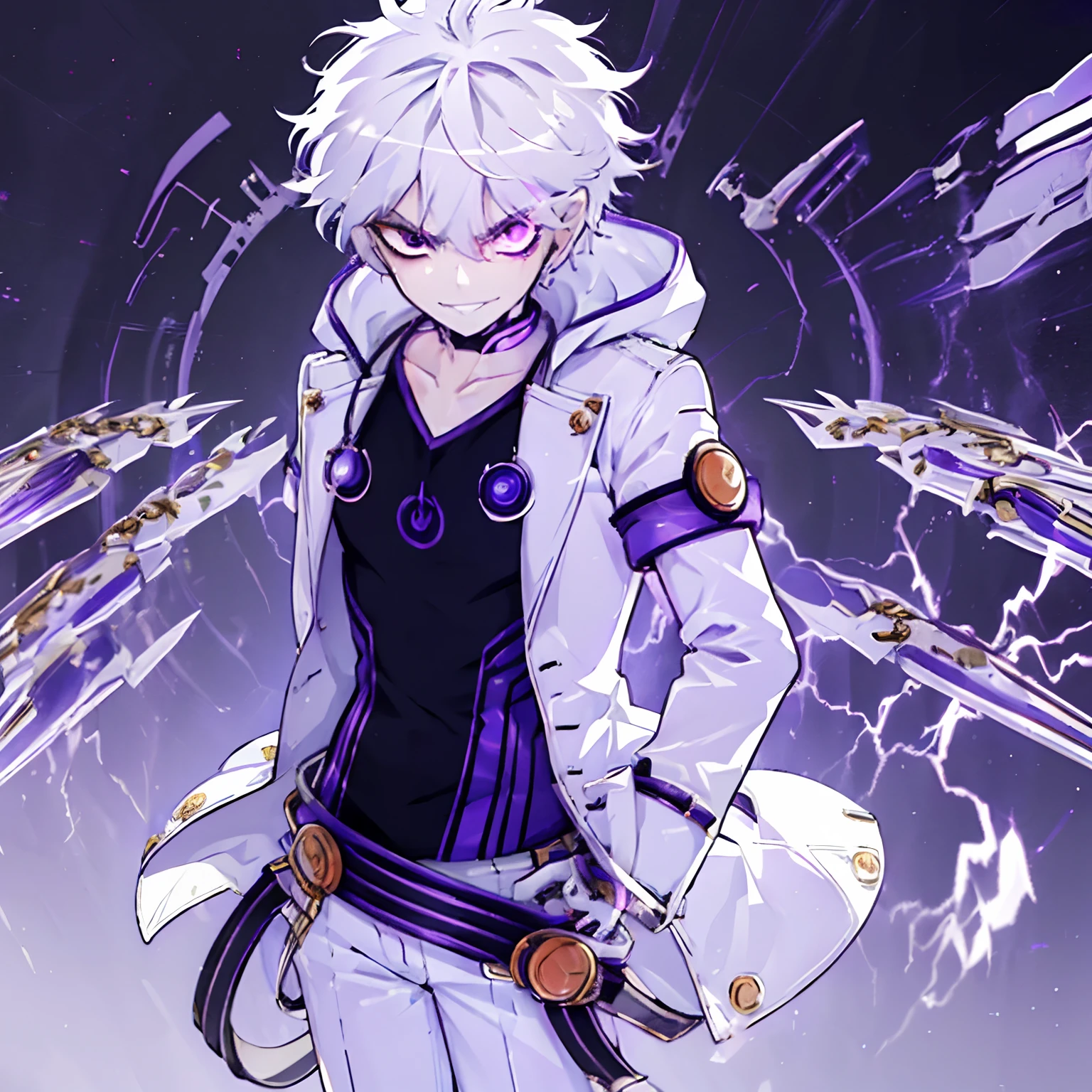 ((masterpiece, best quality)),(complex light),1boy, solo , Edward Grenore ,  fighting stance, 1boy, male focus, solo, white gloves, purple eyes, white hair, jacket, shirt, white pants, grin, belt, full body, hand in pocket, white gloves, black shirt, white jacket  , purple eye-trail, serious face, 5 fingers