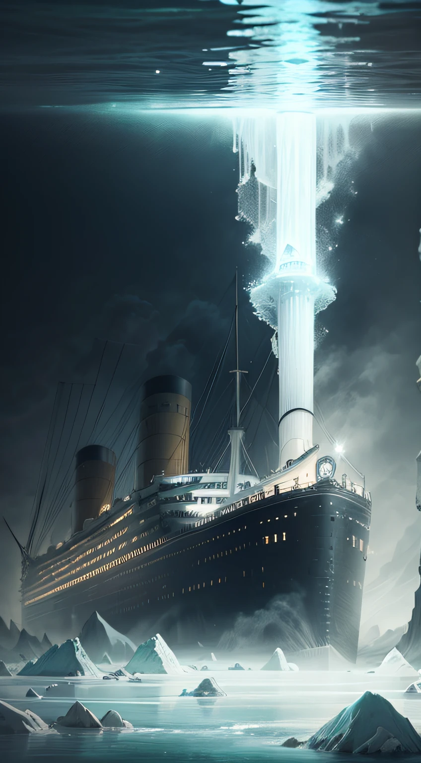 /imagine prompt: A haunting and surreal representation of the Titanic's ghostly presence, partially submerged in icy waters, with ethereal, glowing elements.