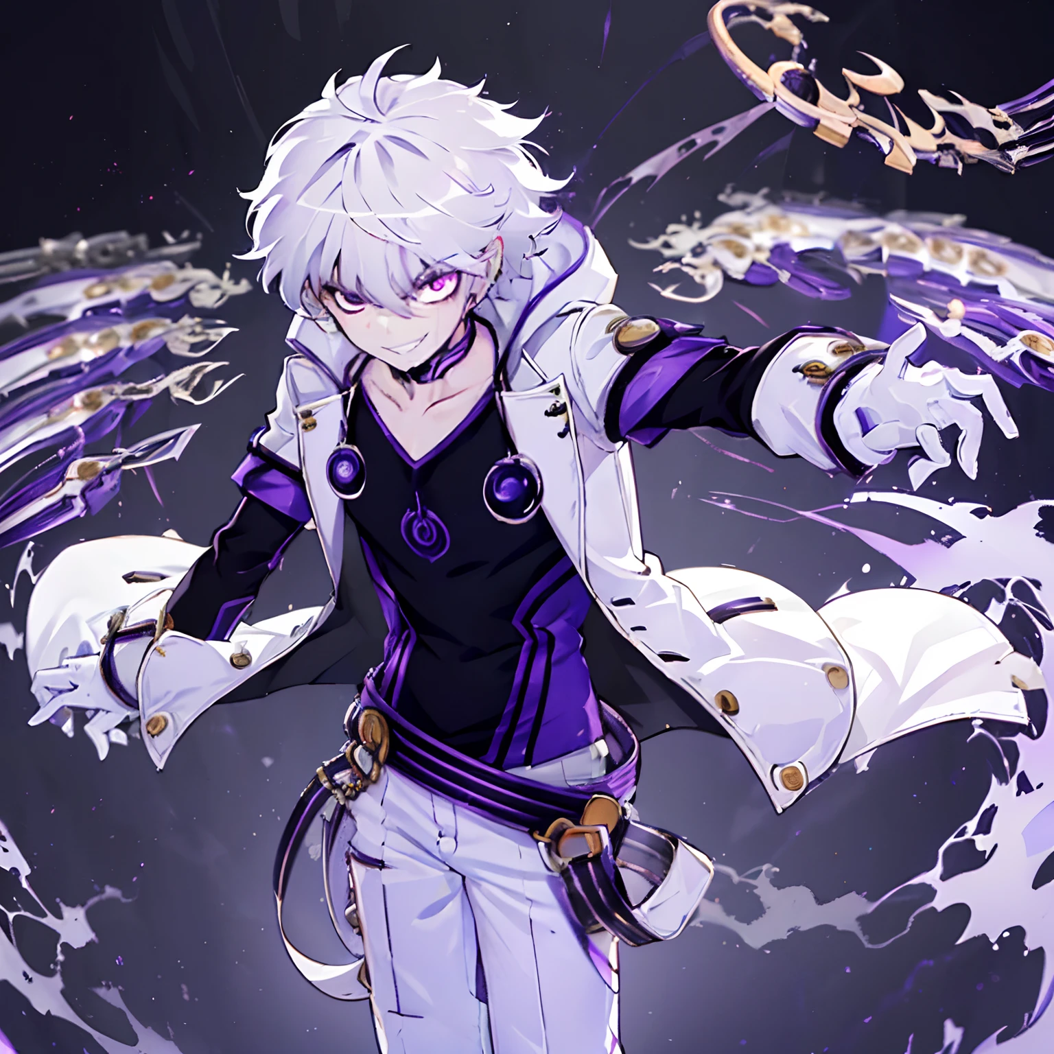 ((masterpiece, best quality)),(complex light),1boy, solo , Edward Grenore ,  fighting stance, 1boy, male focus, solo, white gloves, purple eyes, white hair, jacket, shirt, white pants, grin, belt, full body, hand in pocket, white gloves, black shirt, white jacket  , purple eye-trail, serious face