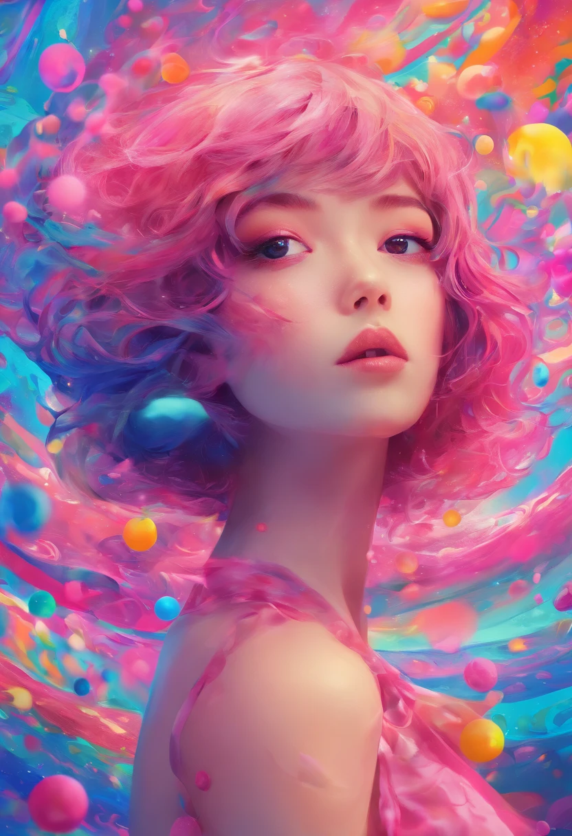 ((top-quality, 8K)), (Realistic), (Face Focus: 1.1), (blue and pink: 1.3), Kawaii Girl, short-hair, 
Hair fluttering in the wind, Facing to the side, Look up at your face, Eyes closed, (Sleeveless: 1.1)、Skirt, D Cup Breasts, Countless soap bubbles,