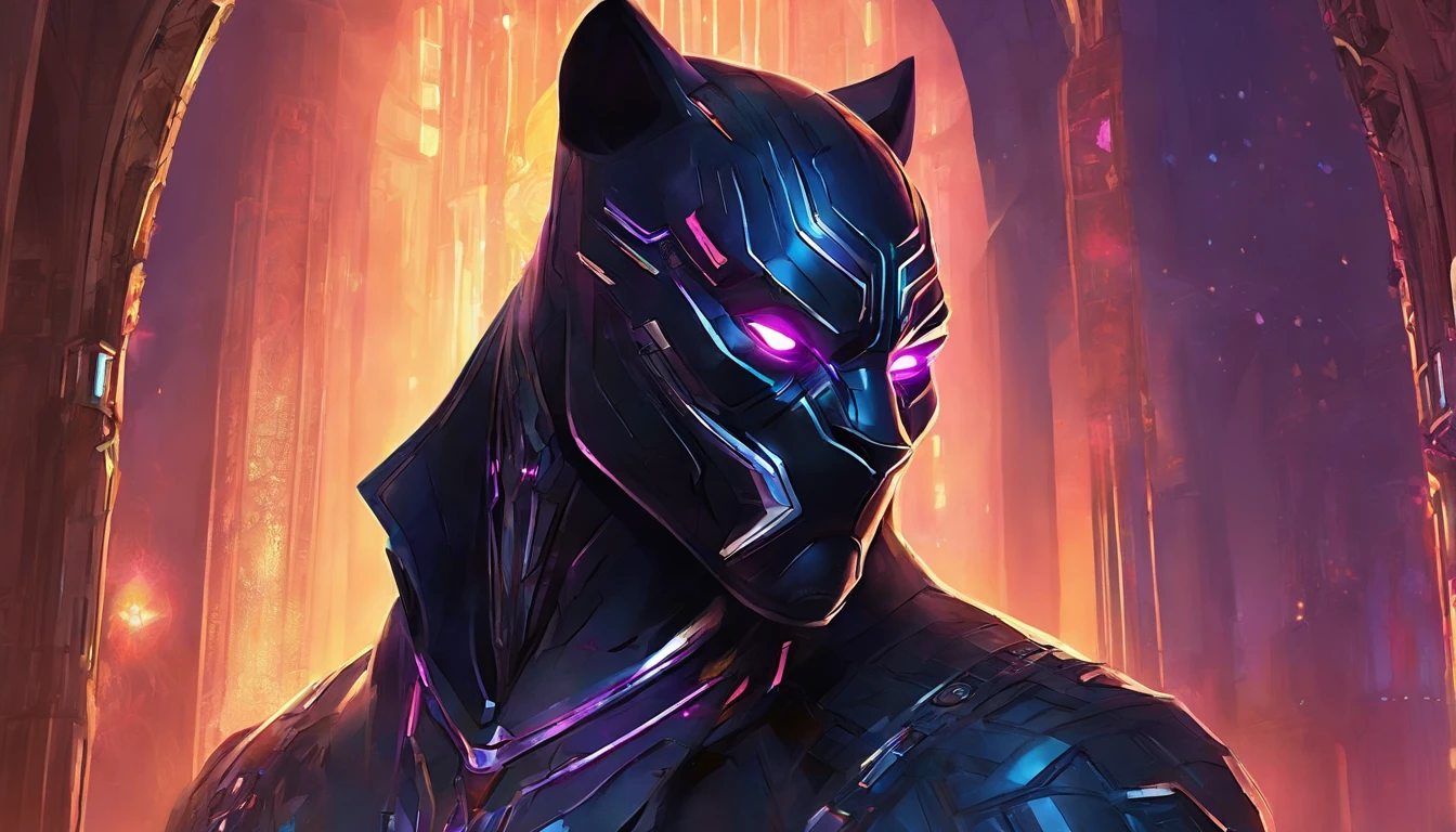 somber portrait of Terminator Black Panther from Marvel with intricate angular cybernetic implants inside a brutalist building, gothic brutalist cathedral, cyberpunk, award-winning photo, bokeh, neon lights, cybernetic limb