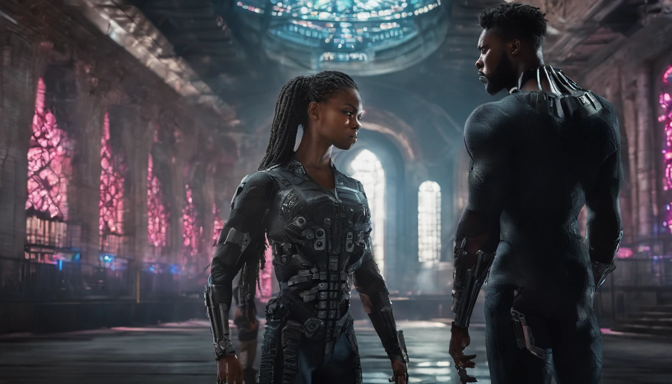 somber portrait of Terminator Black Panther from Marvel with intricate angular cybernetic implants inside a brutalist building, gothic brutalist cathedral, cyberpunk, award-winning photo, bokeh, neon lights, cybernetic limb