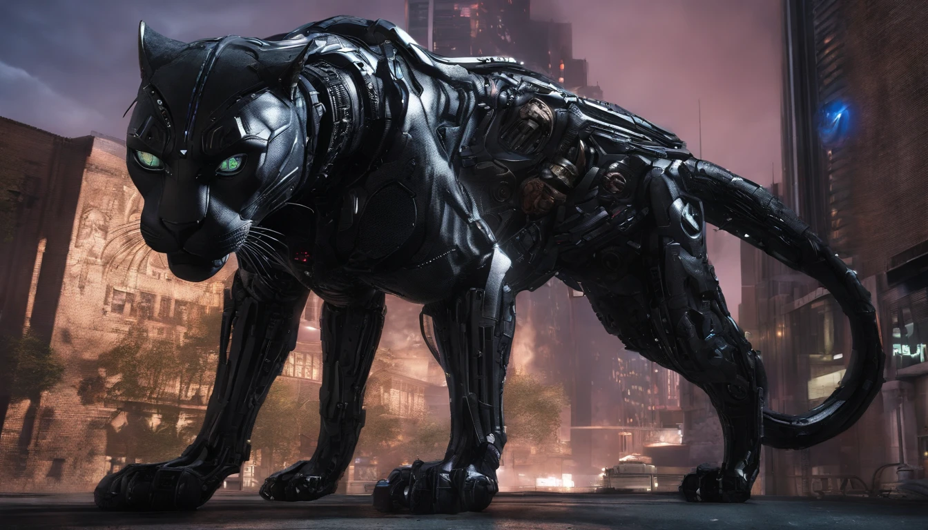 somber portrait of Terminator Black Panther from Marvel with intricate angular cybernetic implants inside a brutalist building, gothic brutalist cathedral, cyberpunk, award-winning photo, bokeh, neon lights, cybernetic limb
