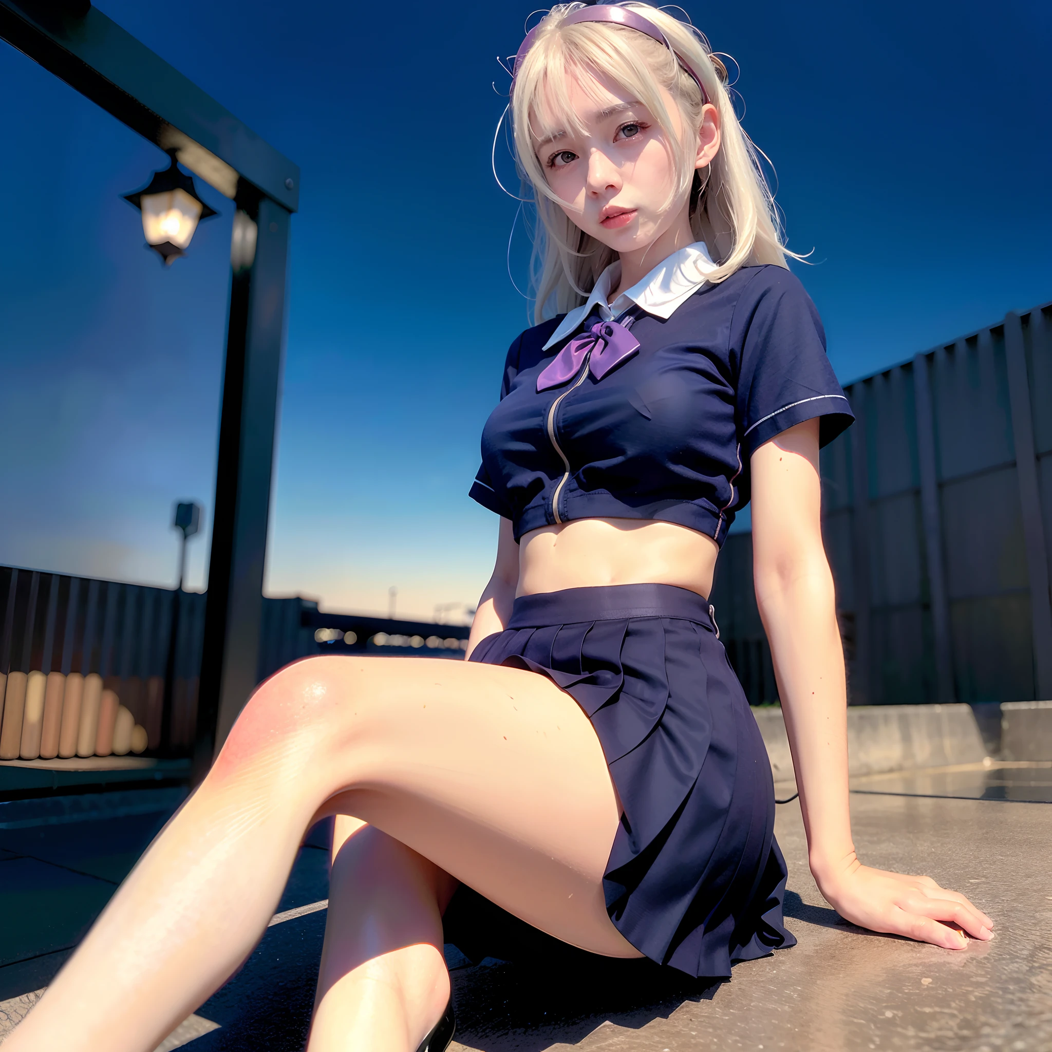 Asshole、Bare-skinned maiden、(long eyelashes),Lie face up、Hands in chains、(Off-shoulder translucent wet white blouse)、(Loose red tie)、((Translucent wet white panties)),Wet white-silver hair、(blue eyes)、(she is wet),((Panty Shot Mini Skirt)),(()),