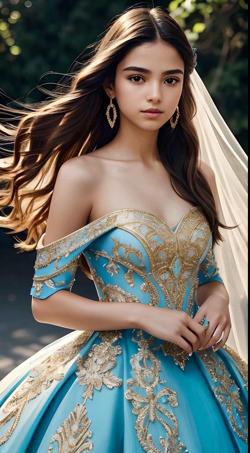 It generates an image of a 15-year-old girl, dressed in a dazzling blue quinceañera dress with gold sparkles. Her appearance is worthy of a Peter Lindbergh-style magazine cover, with a focus on elegance and fashion. She is standing, full-length, and her hair flows gracefully while her gaze conveys confidence and youth. The lighting highlights her features in a subtle but impactful way. The background is minimalist to highlight the beauty and sophistication of it. This image captures the essence of youth and elegance, like a work of art in the fashion industry.