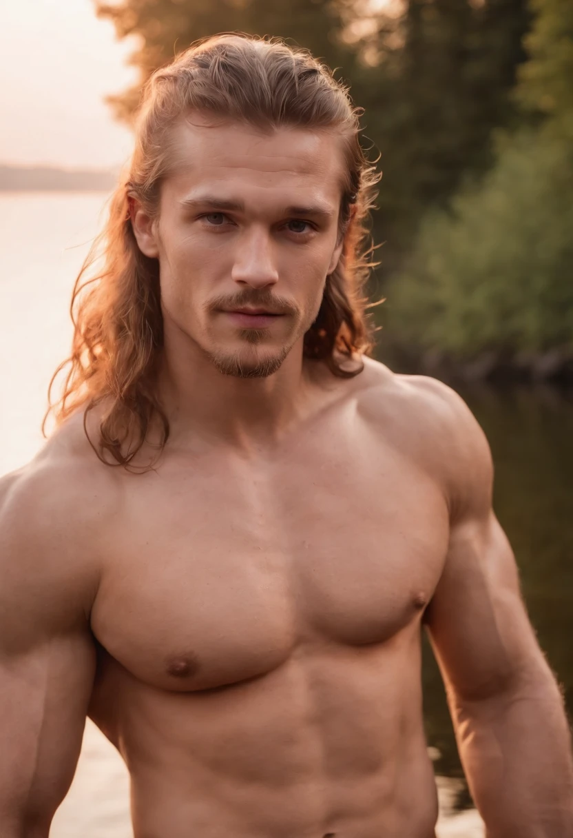 photo of muscular Viking with large cock, topless, shirtless, barechest, warm summer evening, lake background, dramatic light, very handsome, long hair