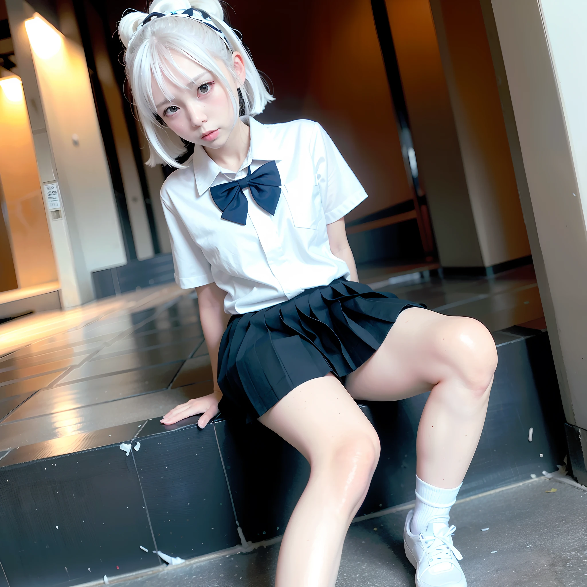 Full body like，(8K, RAW photo, Best quality, Mastery:1.3),(Realistic,photo-realistic:1.37),(Night),(looking viewer:1.331),(White hair),posing on a,Tokyo Street,nightcityscape,Cyberpunk city ,softlighting,1girll,Extremely beautiful face,chest circumference,putdownhands,Casual hairstyle,The expression is casual,largeeyes,,Alvine,,Style,,(Bow jk_tie),mix4，(RAW photo:1.2)，camel-toe，Hollow-out on，sweat leggs，White liquid， Smooth pink skin, shiny metallic glossy skin, Shiny，spread their legs，M-shaped legs，angry look，sullenness，Irritated，white liquid all over body，Full body like