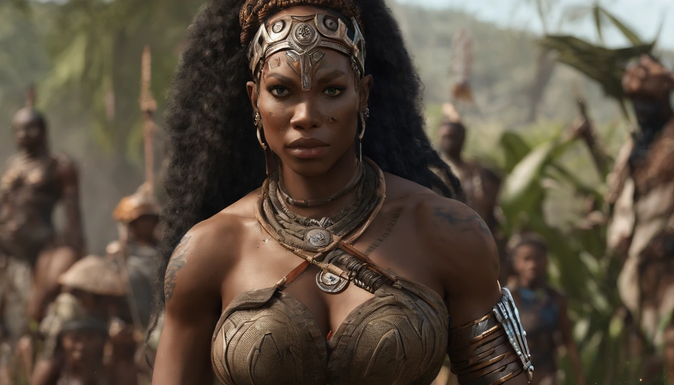 uma mulher com uma roupa preta e um tigre, mulheres guerreiras musculosas, A leoa preta lisa, Rainha da Selva, Wakanda, epic 3 d oshun, Fundo Wakanda, mulher forte, pele negra!!!, pele escura deusa feminina do amor, pantera negra, Warrior Woman, amazon warrior, posando para uma luta intrincada, trending in cgsociety