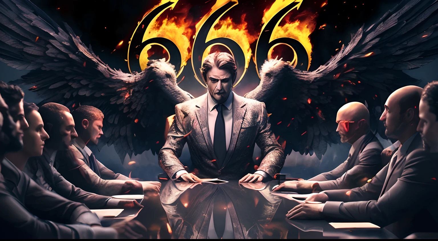 um close up de um grupo de pessoas sentadas ao redor de uma mesa com um anjo em chamas, 6 6 6, 666, kanliu666, ron desantis as satan, Triplo Seis, fazendo um acordo com o diabo, para compreender o inferno ou ir angelical, 2 0 5 6, Rei do inferno, 8 k altamente detalhado ❤🔥 🔥 💀 🤖 🚀