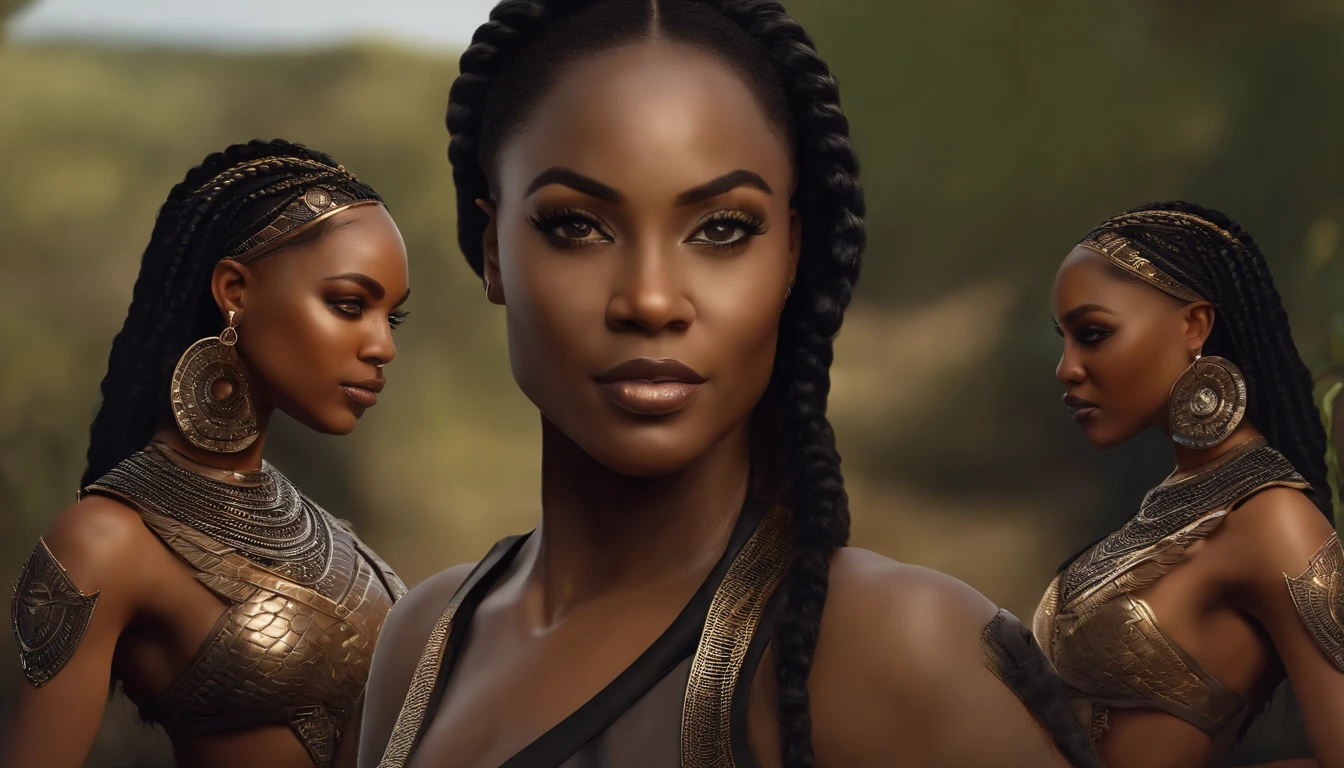 uma mulher com uma roupa preta e um tigre, mulheres guerreiras musculosas, A leoa preta lisa, Rainha da Selva, Wakanda, epic 3 d oshun, Fundo Wakanda, mulher forte, pele negra!!!, pele escura deusa feminina do amor, pantera negra, Warrior Woman, amazon warrior, posando para uma luta intrincada, trending in cgsociety