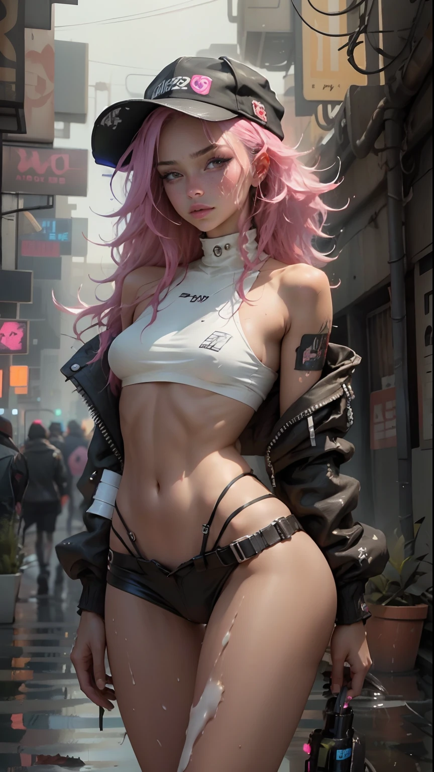 Beauty in the hair，wearing hat，Cyberpunk-inspired short outfits，Naked body，barechested，The kinky is exposed ，，an female genital organs，Dewy，Water spray on the lower body，liquid milk，A lot of damp ones，