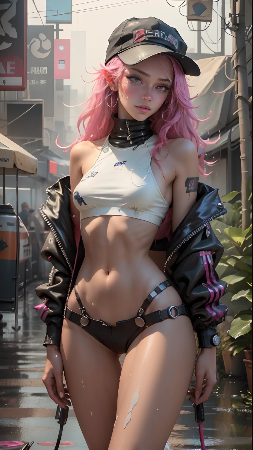 Beauty in the hair,wearing hat,Cyberpunk-inspired short outfits,Naked body,barechested,The kinky is exposed ,,an female genital organs,Dewy,Water spray on the lower body,liquid milk,A lot of damp ones,