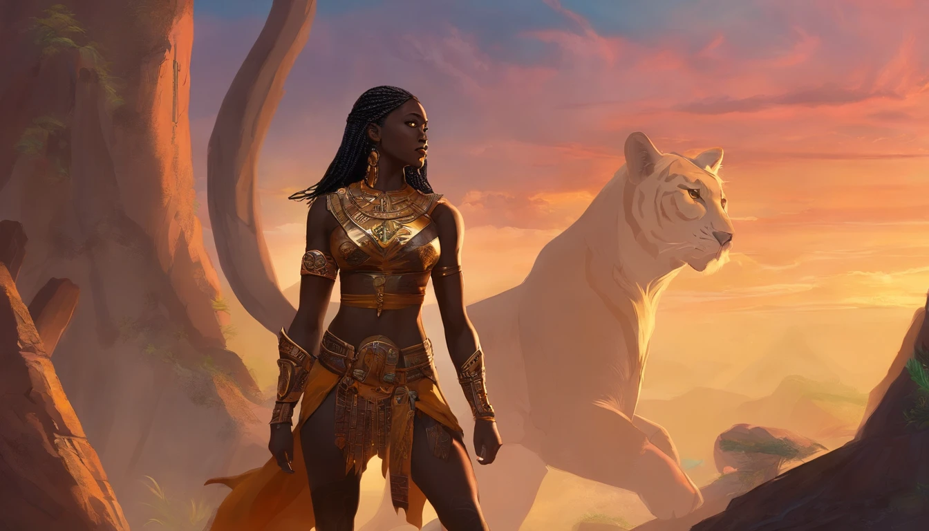 uma mulher com uma roupa preta e um tigre, mulheres guerreiras musculosas, A leoa preta lisa, Rainha da Selva, Wakanda, epic 3 d oshun, Fundo Wakanda, mulher forte, pele negra!!!, pele escura deusa feminina do amor, pantera negra, Warrior Woman, amazon warrior, posando para uma luta intrincada, trending in cgsociety