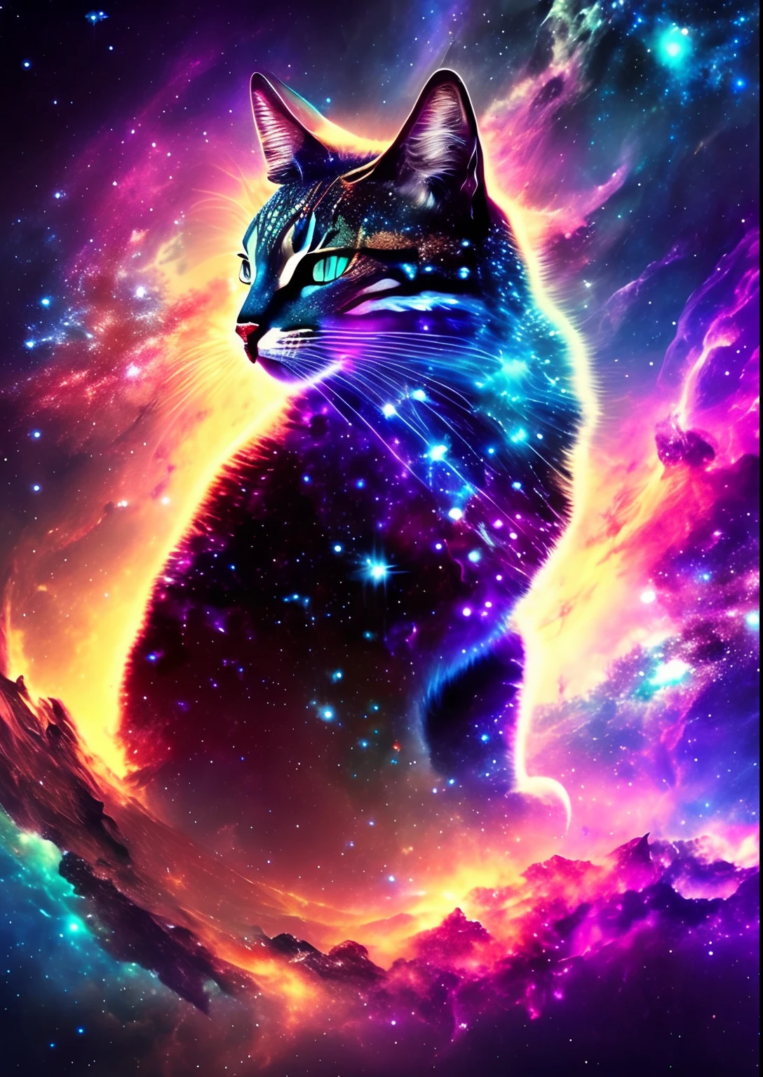 dreamlikeart, galaxy, outer space, nebula, star, [cyberpunked] Wildcat from the stars.. (star:1.5),