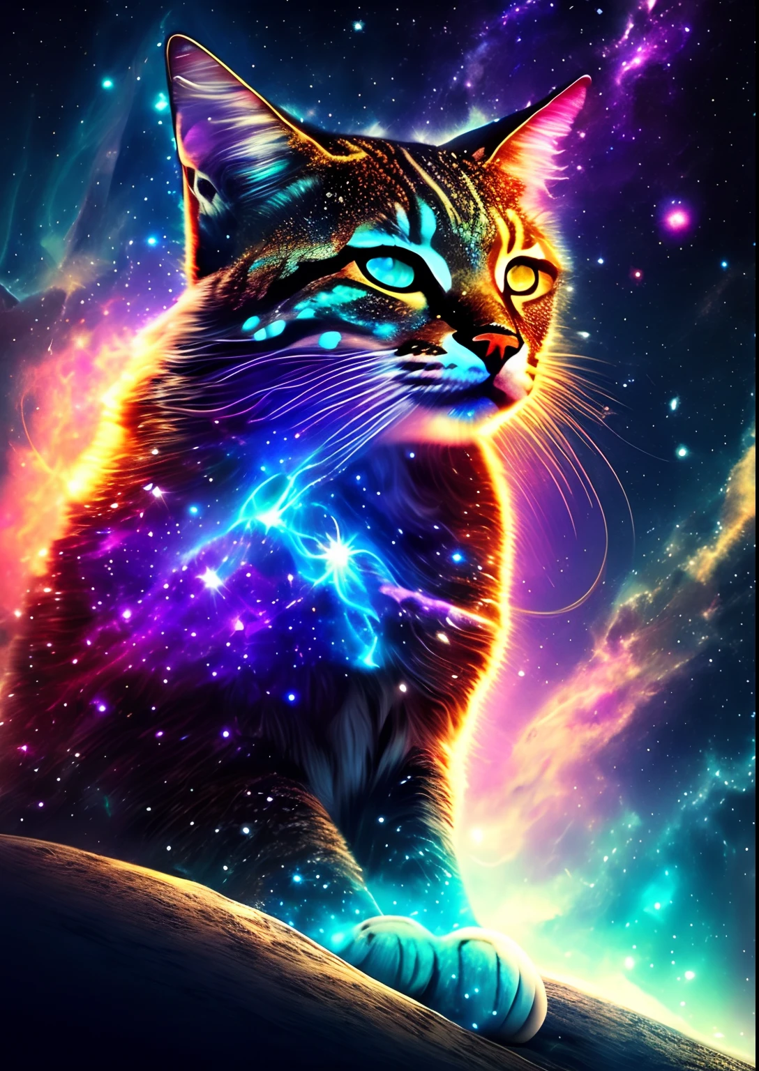 dreamlikeart, galaxy, outer space, nebula, star, [cyberpunked] Wildcat from the stars.. (star:1.5),