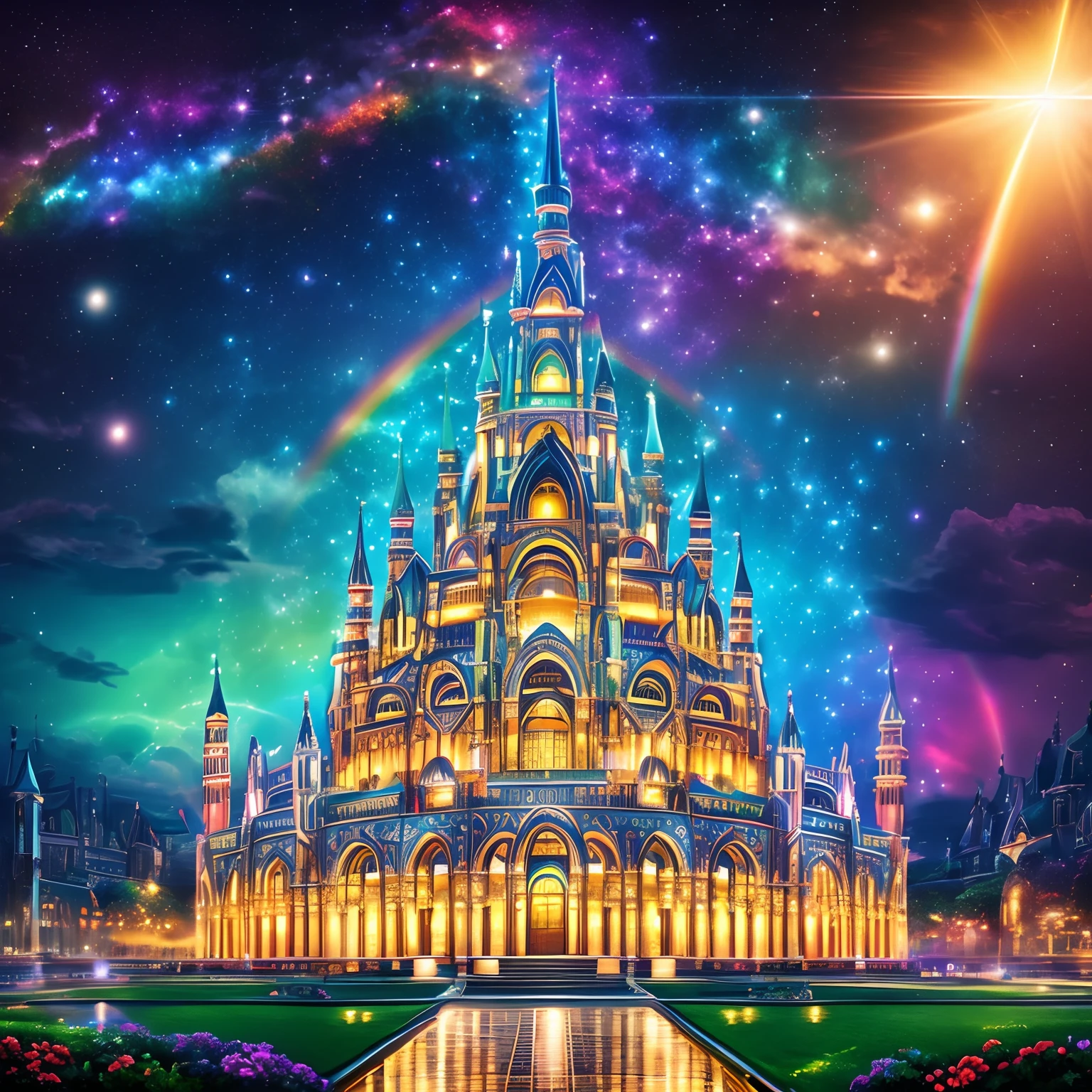 finest image, detailed and delicate depiction, A gigantic divine building, the source of all life, shining in rainbow colors day and night, background, neon lights, a sky full of stars shining in the night sky, moon, professional lighting