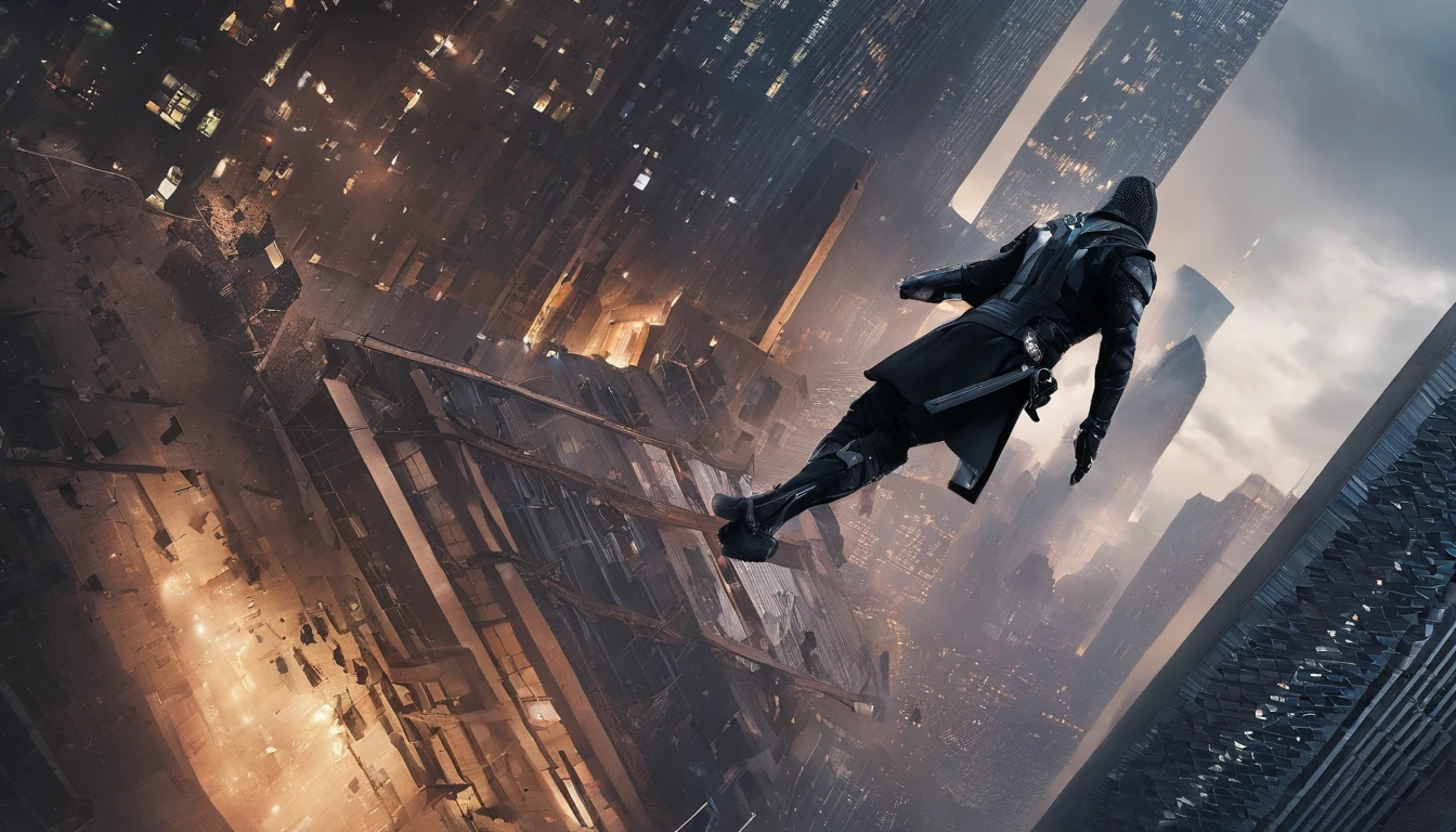 Chuva noturna derramando, POV de um homem negro vestido com um traje preto, estilo ninja com desenhos africanos nele, com um capacete preto futurista preto, jumping from the top of a building, shooting at the camera, balas voando de sua arma enquanto ele atira, building windows breaking, Breaking pieces of windows of buildings on the scene, action movie scene, Cinematic Shot, Filmagem de Christopher Nolan, Filmado por Zach Snyder, com luz iridescente, 32k, Ultra HD |, Cinematic lighting, imagem altamente realista, Recursos altamente detalhados, estilo artgerm, cores brilhantes, vibrantes e bonitas, IMAX resolution quality photo,