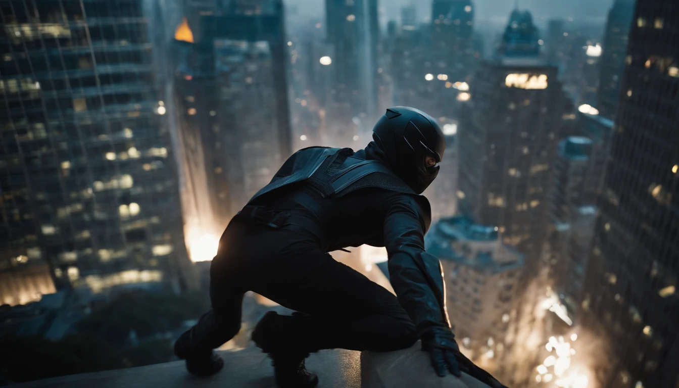 Chuva noturna derramando, POV de um homem ????? vestido com um traje preto, estilo ninja com desenhos africanos nele, com um capacete preto futurista preto, jumping from the top of a building, shooting at the camera, balas voando de sua arma enquanto ele atira, building windows breaking, Breaking pieces of windows of buildings on the scene, action movie scene, Cinematic Shot, Filmagem de Christopher Nolan, Filmado por Zach Snyder, com luz iridescente, 32k, Ultra HD |, Cinematic lighting, imagem altamente realista, Recursos altamente detalhados, estilo artgerm, cores brilhantes, vibrantes e bonitas, IMAX resolution quality photo,