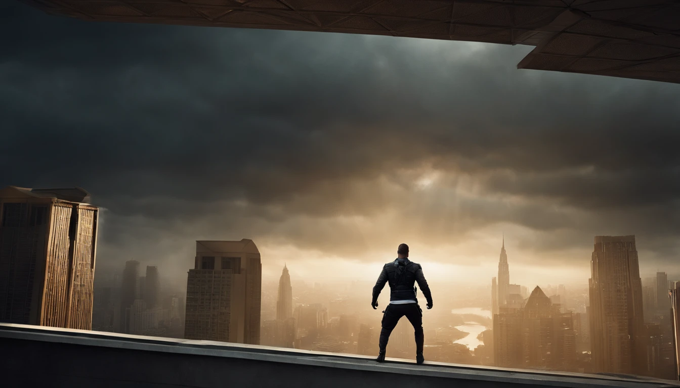 Chuva noturna derramando, POV de um homem negro vestido com um traje preto, estilo ninja com desenhos africanos nele, com um capacete preto futurista preto, jumping from the top of a building, shooting at the camera, balas voando de sua arma enquanto ele atira, building windows breaking, Breaking pieces of windows of buildings on the scene, action movie scene, Cinematic Shot, Filmagem de Christopher Nolan, Filmado por Zach Snyder, com luz iridescente, 32k, Ultra HD |, Cinematic lighting, imagem altamente realista, Recursos altamente detalhados, estilo artgerm, cores brilhantes, vibrantes e bonitas, IMAX resolution quality photo,