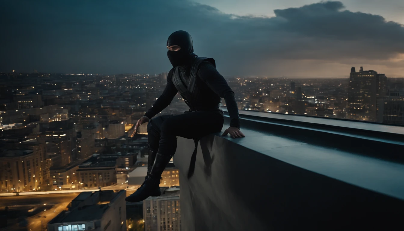 Chuva noturna derramando, POV de um homem negro vestido com um traje preto, estilo ninja com desenhos africanos nele, com um capacete preto futurista preto, jumping from the top of a building, shooting at the camera, balas voando de sua arma enquanto ele atira, building windows breaking, Breaking pieces of windows of buildings on the scene, action movie scene, Cinematic Shot, Filmagem de Christopher Nolan, Filmado por Zach Snyder, com luz iridescente, 32k, Ultra HD |, Cinematic lighting, imagem altamente realista, Recursos altamente detalhados, estilo artgerm, cores brilhantes, vibrantes e bonitas, IMAX resolution quality photo,