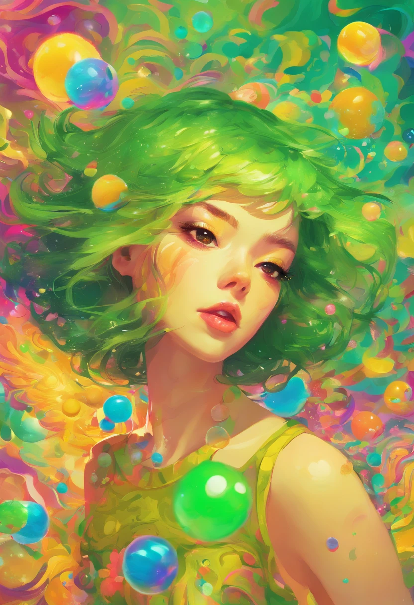 ((top-quality, 8K)), (Realistic), (Face Focus: 1.1), (green and yellow: 1.3), Kawaii Girl, short-hair,
Hair fluttering in the wind, Facing to the side, Look up at your face, Eyes closed, (Sleeveless: 1.1), Skirt, D Cup Breasts, Countless soap bubbles,