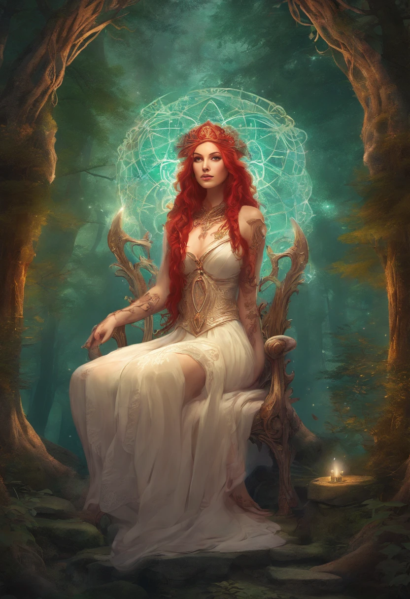 Bold graphic illustration, glowing filigree constellation tattoos, dark fantasy, full body shot of a lovely curvy voluptuous busty white woman with red dreadlocks on a throne in a enchanted forest