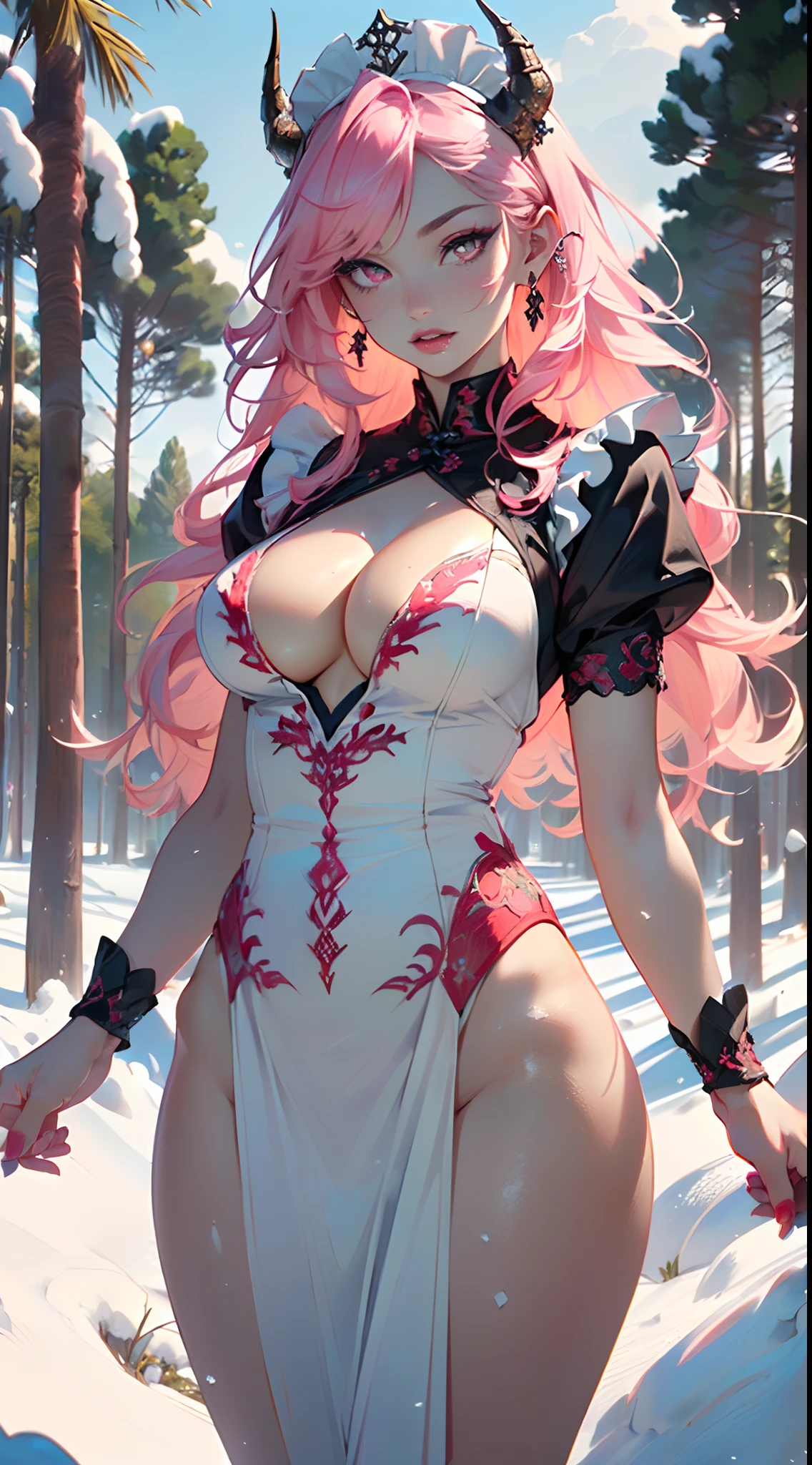 lamia from ancient Egypt,(((lamia,monster girl))),

(((pink_eyes:1.3,red_pupils)),intricate eyes,beautiful detailed eyes,symmetrical eyes,((((pink horns,pink scales,scaly ,scales ,scaly skin)))),(large breasts:1.5),((((long pink hair,pink hair,colored inner hair)))),((((porcelain skin,pale skin,lustrous skin:1.5,tanned skin,bright skin: 1.5,skin tanned,shiny skin,very shiny skin,shiny body)))),(spider lower abdomen,narrow waist,wide hip,bimbo body,inflated legs,),(((detailed face))),


cute,slutty,sensual,seductive look,seductive,((erotic)),opulent,sumptuous,longingly,(((nsfw))),

((((maid headdress,maid,maid clothing, maid cloth)))),revealing clothing,show skin,cleavage,((underboob)),(barefoot,),((impenetrable and beautiful dragon scales:1.4,dragon scales)),(((intricate outfit,intricate clothes,embroidered outfit,ornate outfit,embroidered clothes,ornate clothes))),

(dynamic pose:1.0),embarrassed,(centered,scale to fit dimensions,Rule of thirds),

((snowy pine forest at night)),with dark stormy clouds,winter,scenery:1.25,((snow forest background)),Christmas tree,

highres,sharp focus,(ultra detailed,extremely detailed),(photorealistic artwork:1.37),(extremely detailed CG unity 8k wallpaper),(((vibrant colors,vibrant theme))),(intricate),(masterpiece),(best quality),