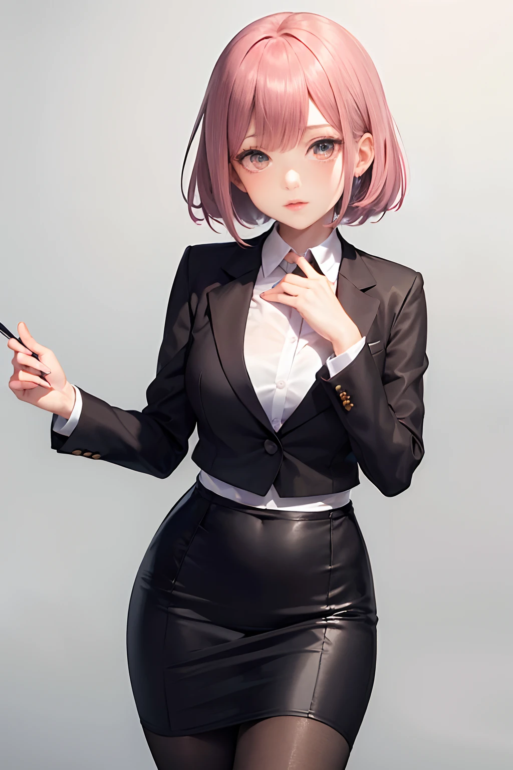 Glossy outfit, formal suit, pencil skirts, high-heels, Blouse, pantyhose, ((In Kyoto Animation Style)), super precision, masterpiece, very extremely beautiful, Princess Face,, super precision, masterpiece, very extremely beautiful, femele, Only one person, A pink-haired, Dark eyes, Medium chest, big eye, Glossy outfit, bob cuts, cowboy shot, dynamicposes, Female sexy, ratex, serious facial expression, Front face, a closed mouth,The dress is black, ((Solo:1.5)), ((without background:1.5)), is standing,